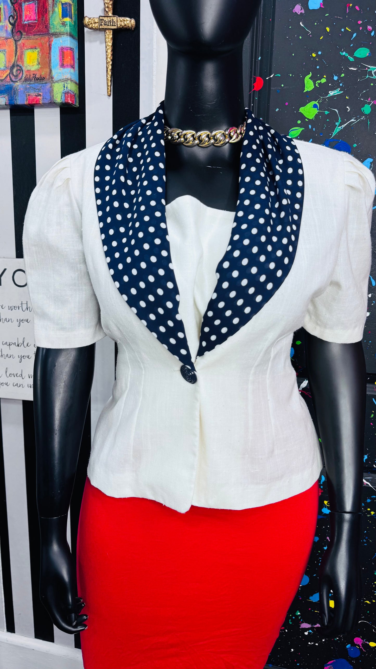 Vintage Navy Blue & White Polka Dot Blouse (16)