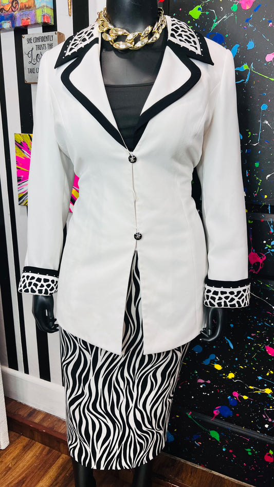 Vintage Jeweled Zebra Print Skirt Suit (16W)