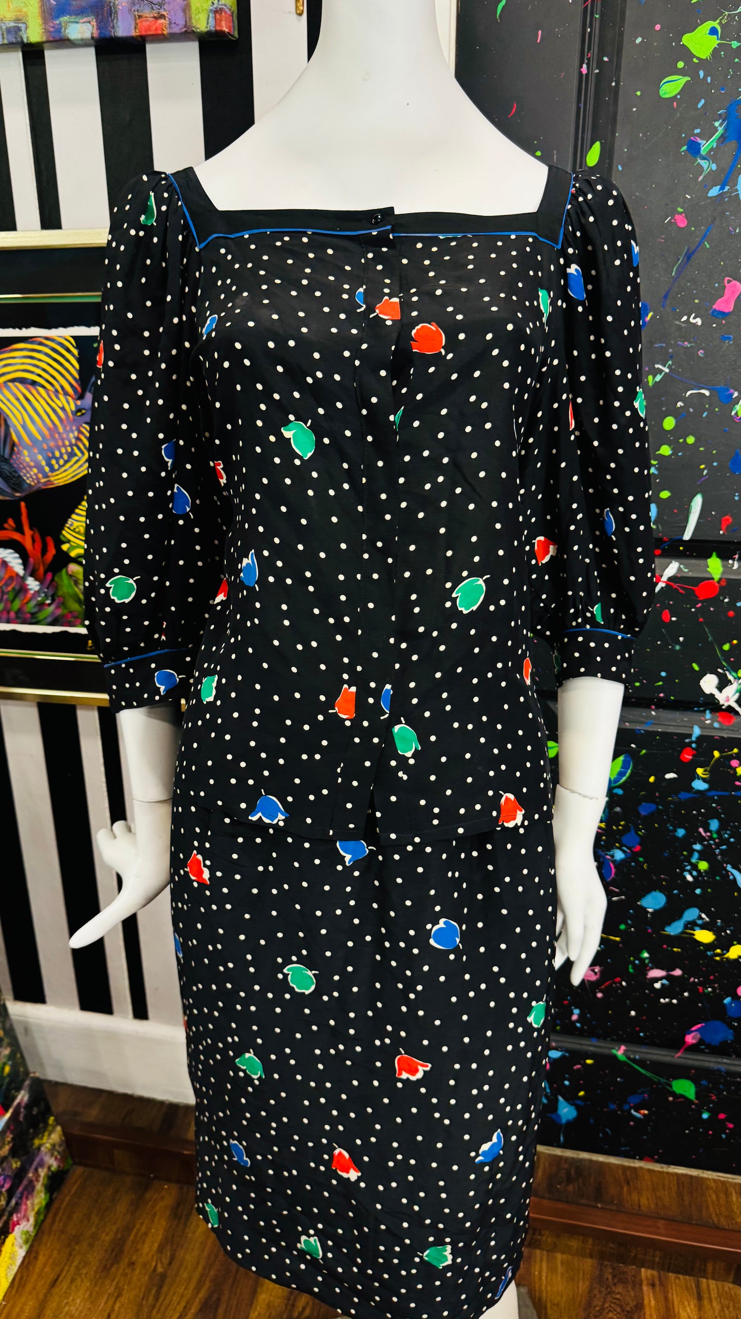 Vintage Silk Louis Féraud Polka Dot Skirt Set (12)