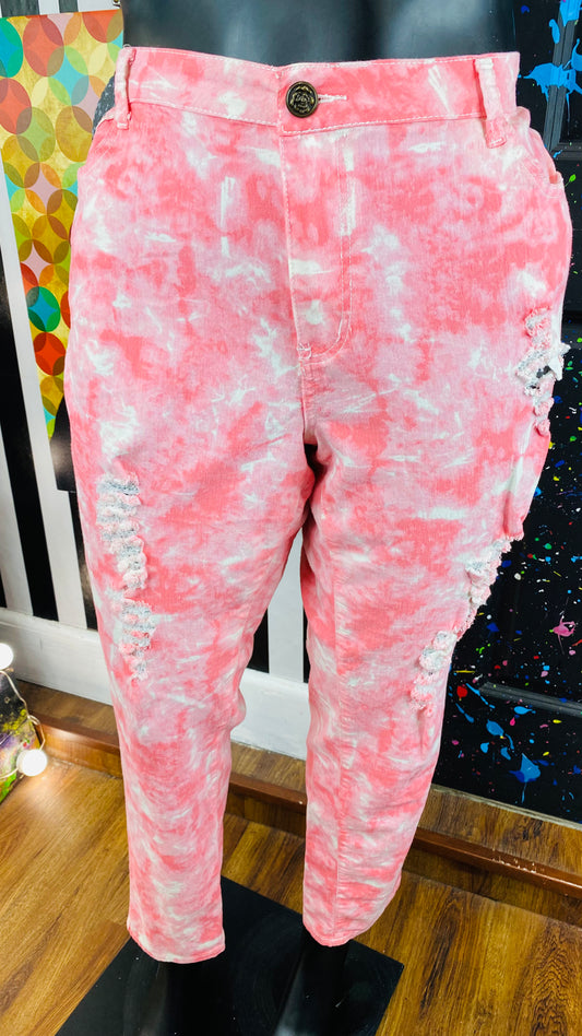 Pink&White Ty-Dyed Distressed Pants
