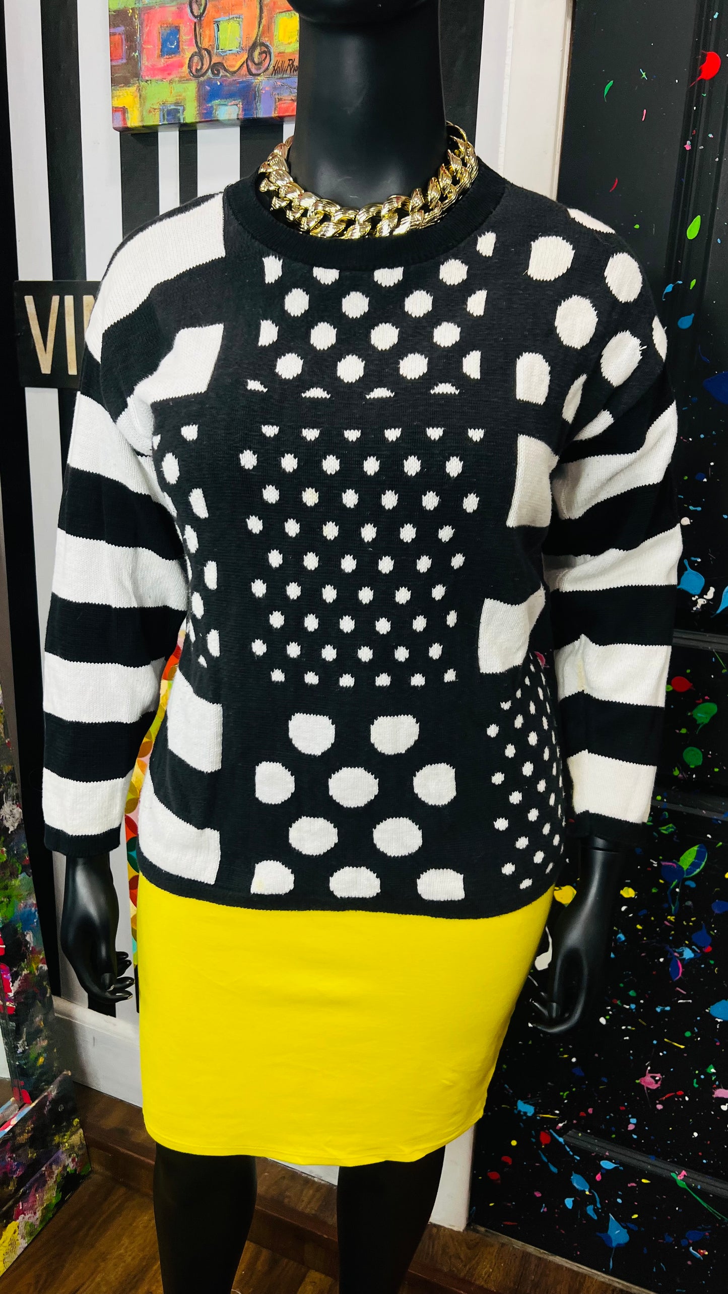 Vintage Black & White Polka Dot & Stripes Sweater (16)
