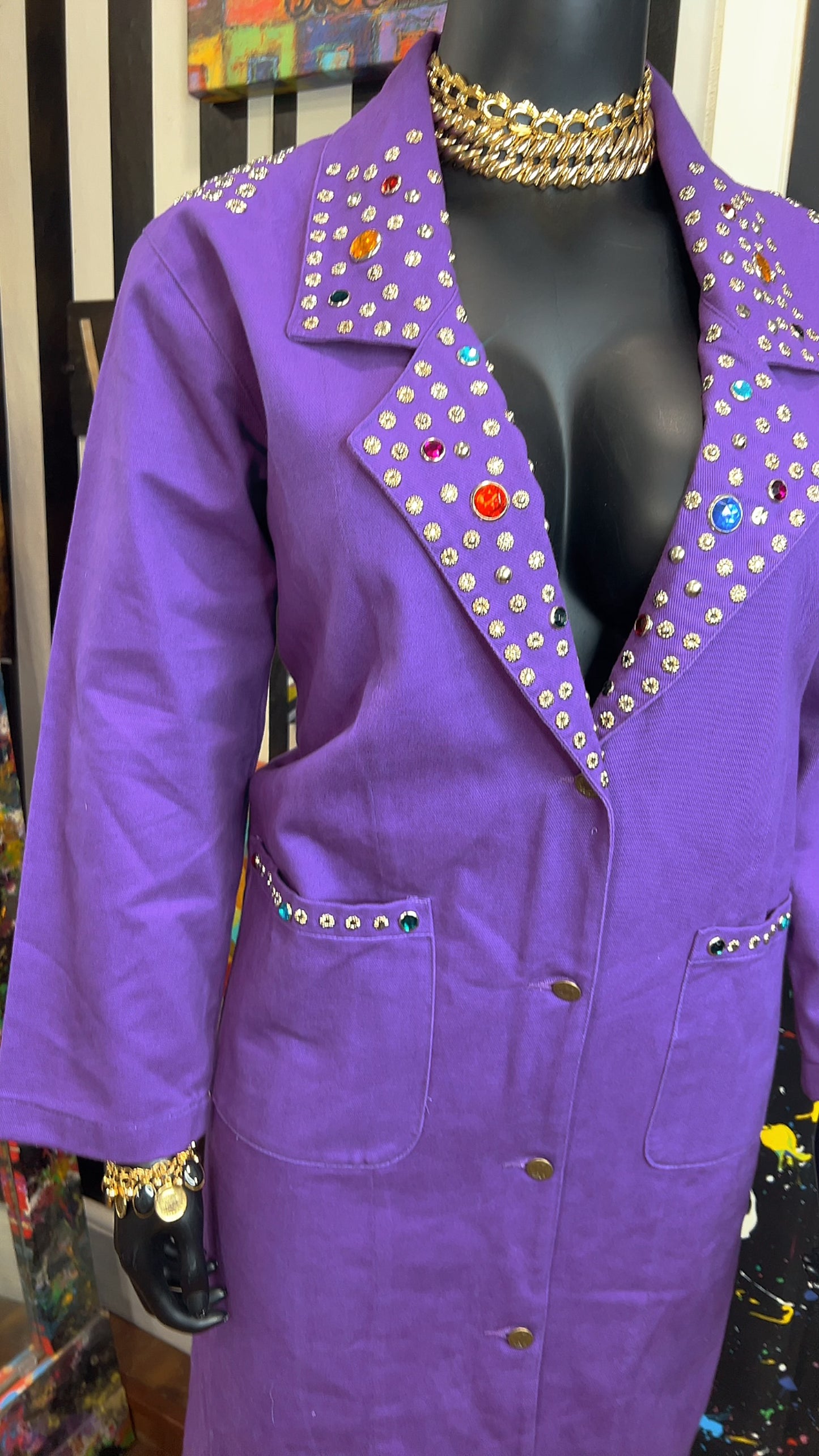 Vintage Purple Denim Jeweled Trench Coat (16)