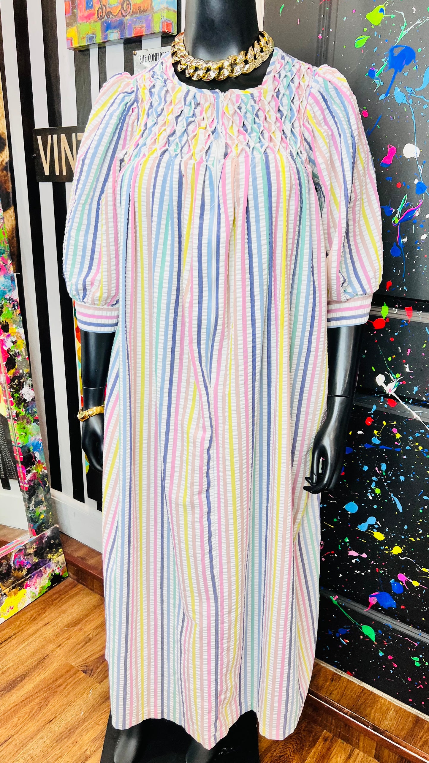 Vintage Striped Pastel Night 70’s Gown (12/14)