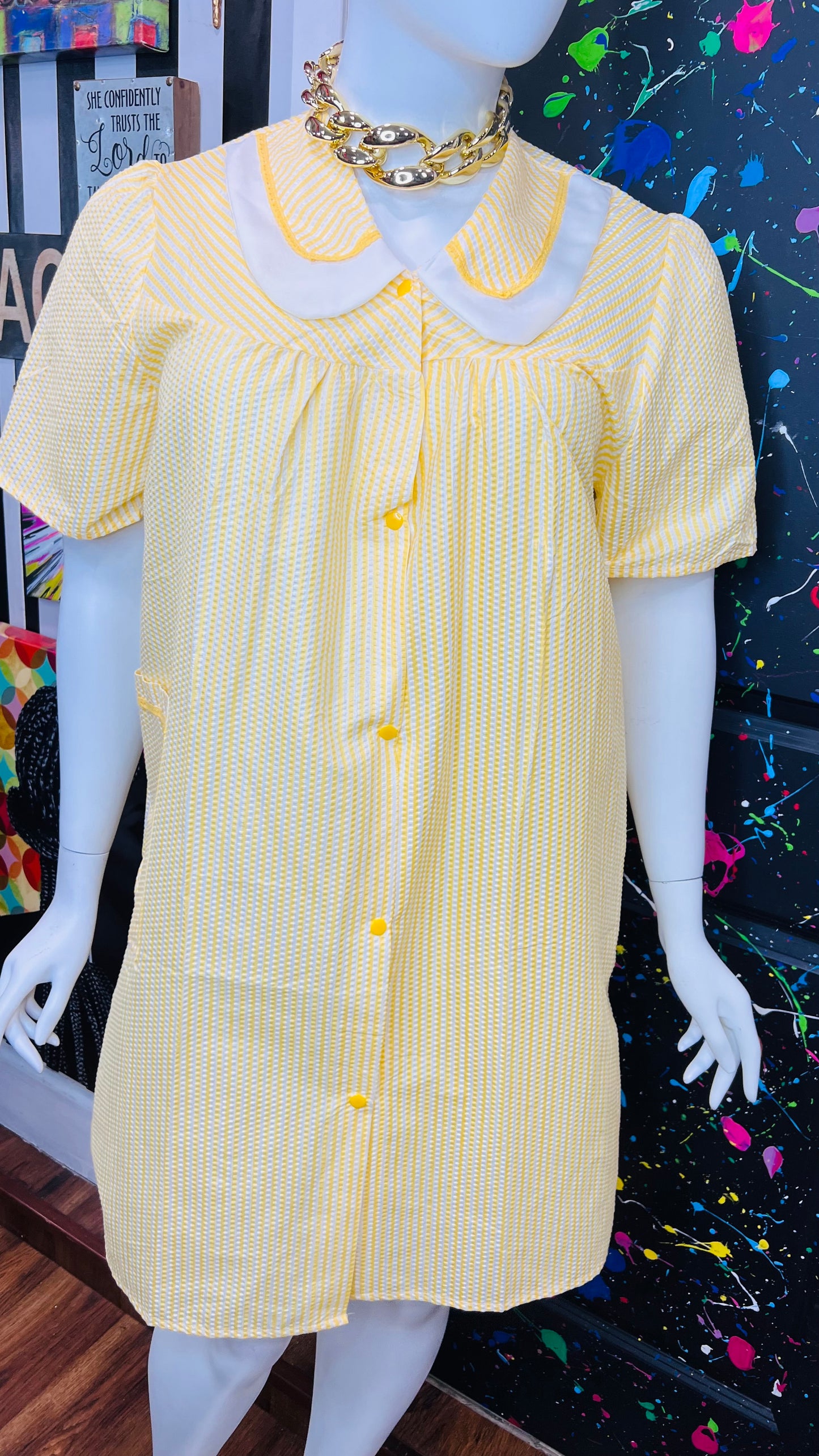 Vintage Yellow & White Striped Night Gown- Dead Stock New w/Tags (14)
