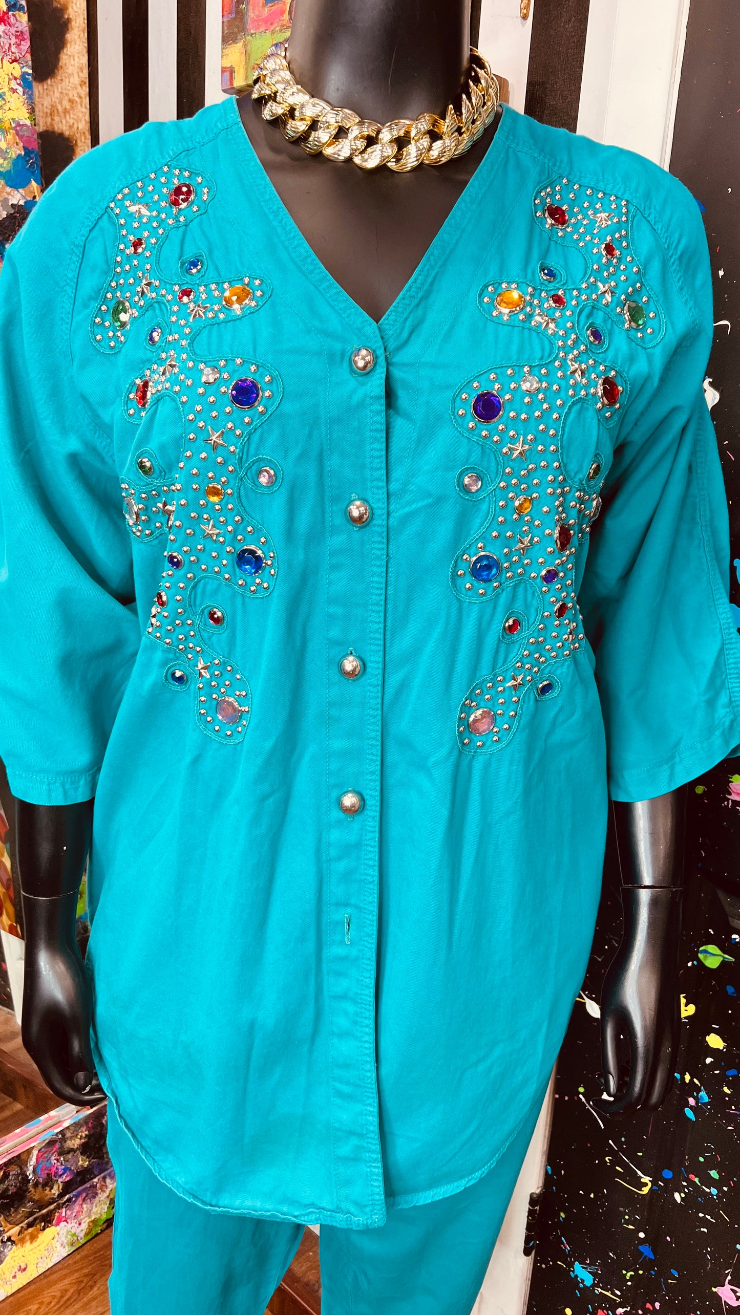 Vintage Teal Denim Jewel & Studds Pants Set (22/24)