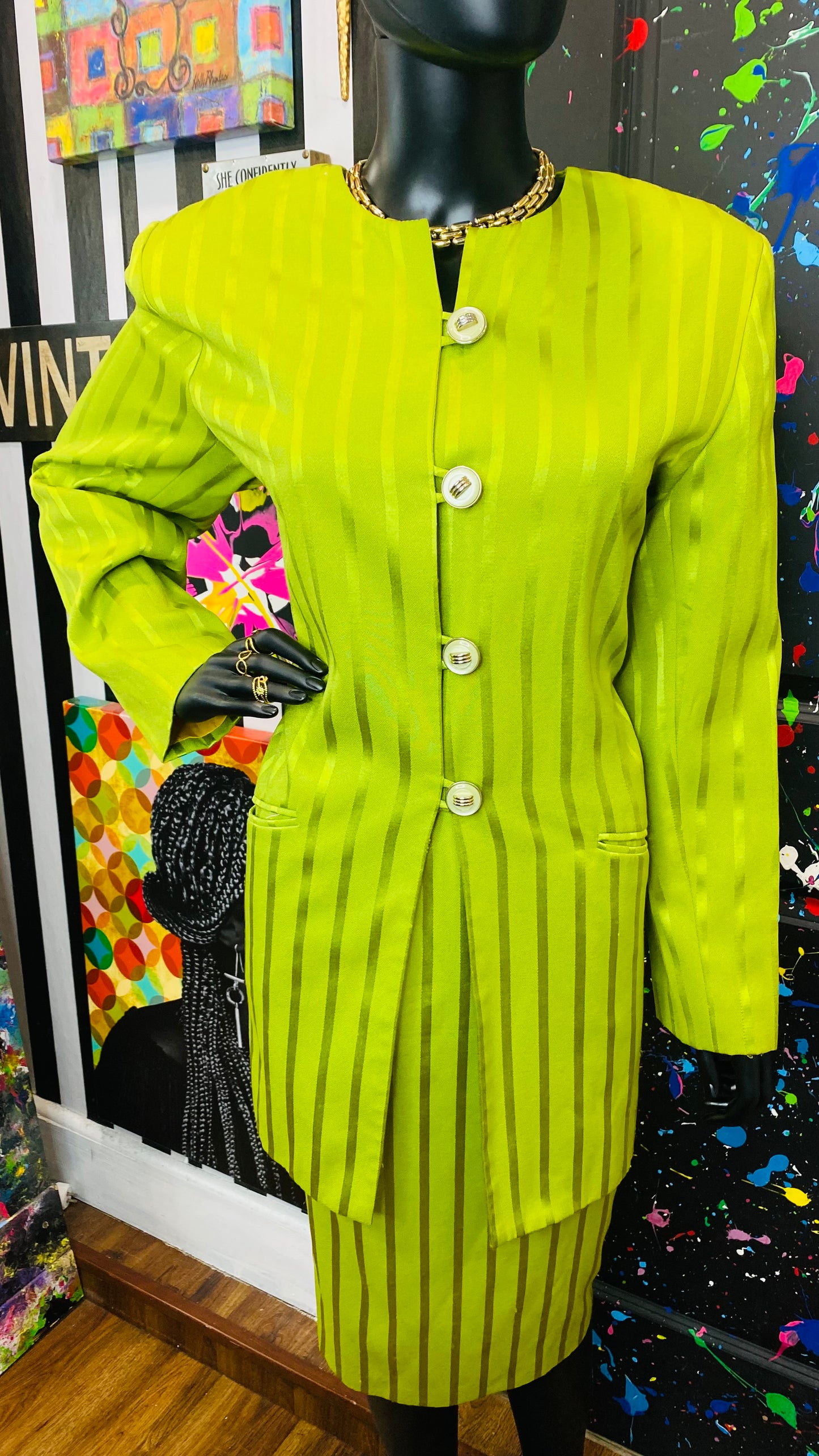 Vintage Green Striped Skirt Suit (14)