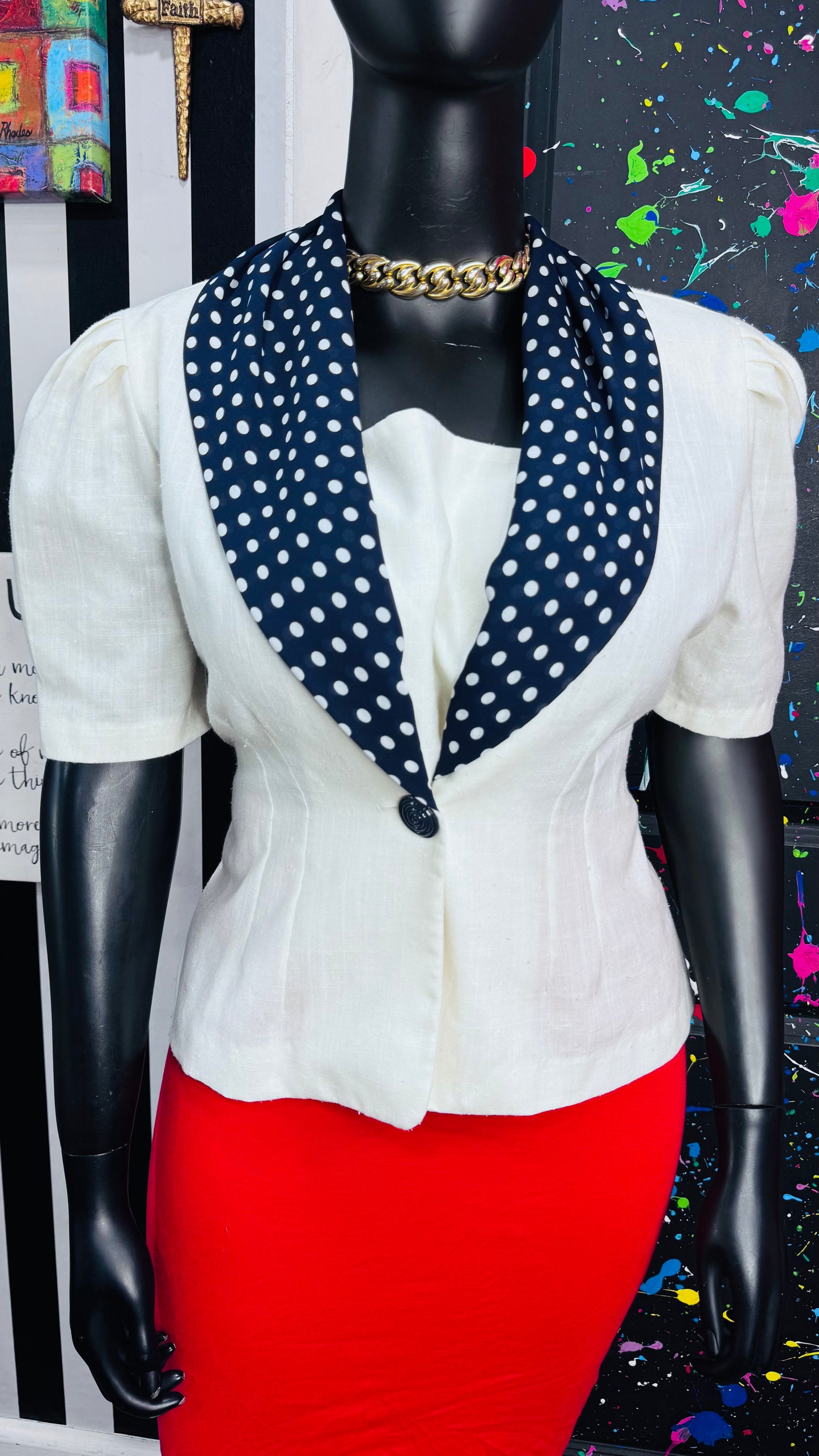 Vintage Navy Blue & White Polka Dot Blouse (16)