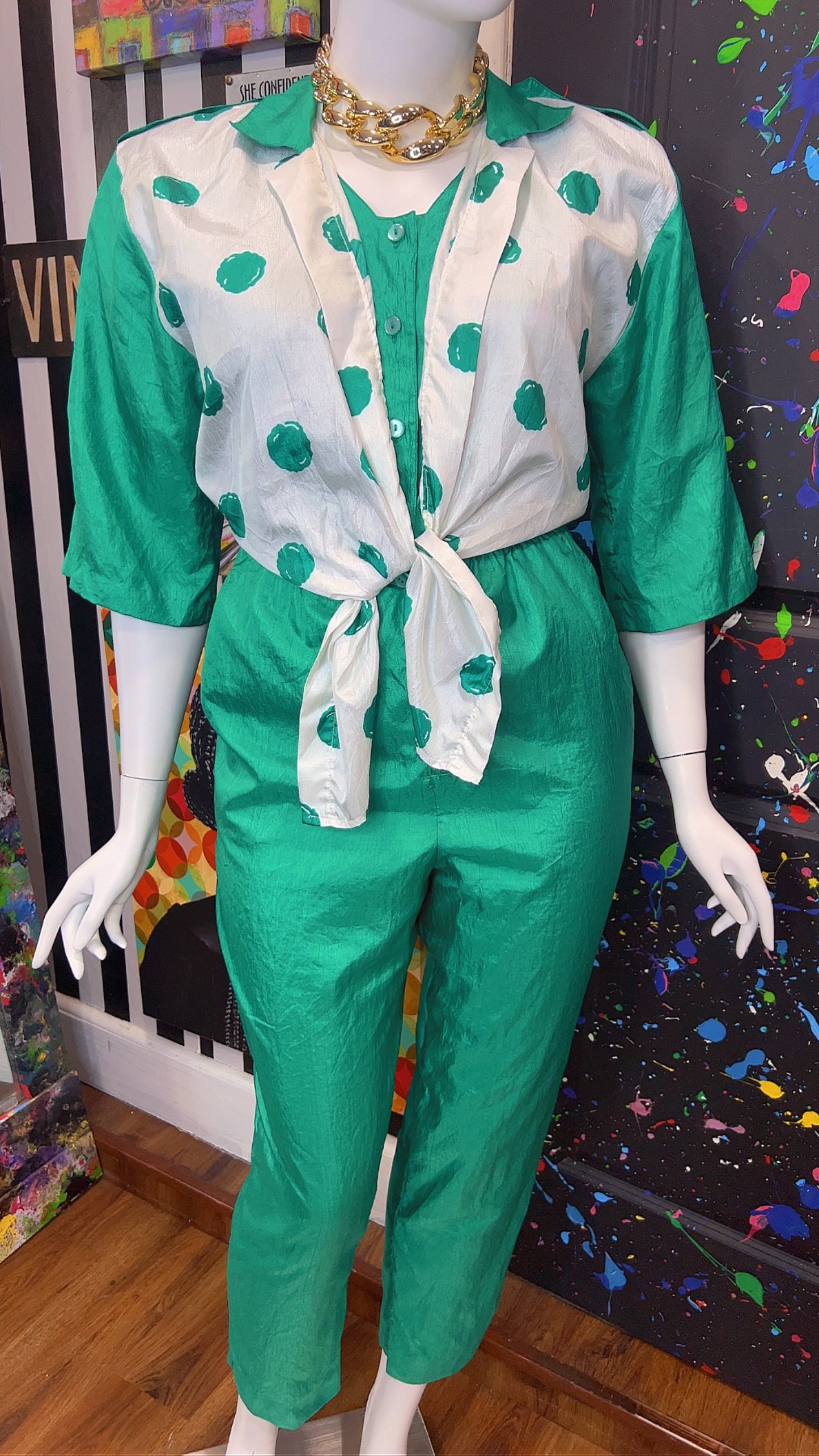 Vintage Green Jumpsuit w/ White & Green Polka Dots (14W)