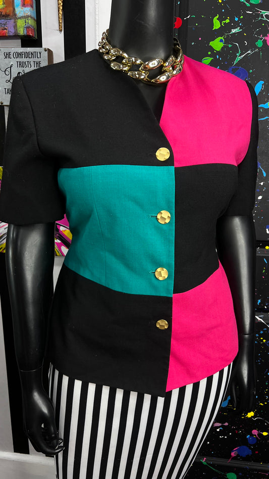 Vintage Color Block Leslie Faye Blazer Blouse (18)