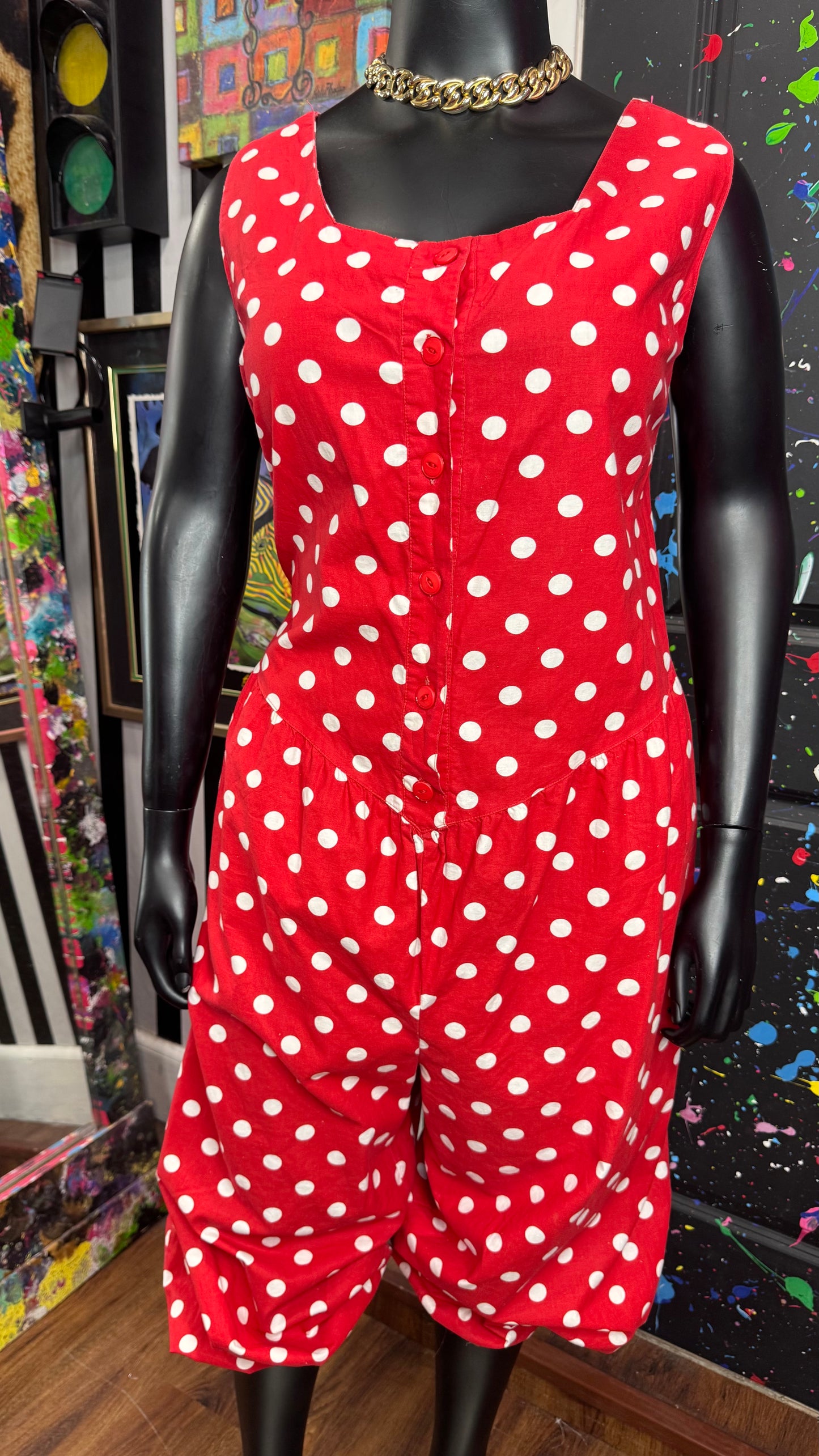 Vintage Cotton Pleated Waist Red & White Jumpsuit (20) *KC