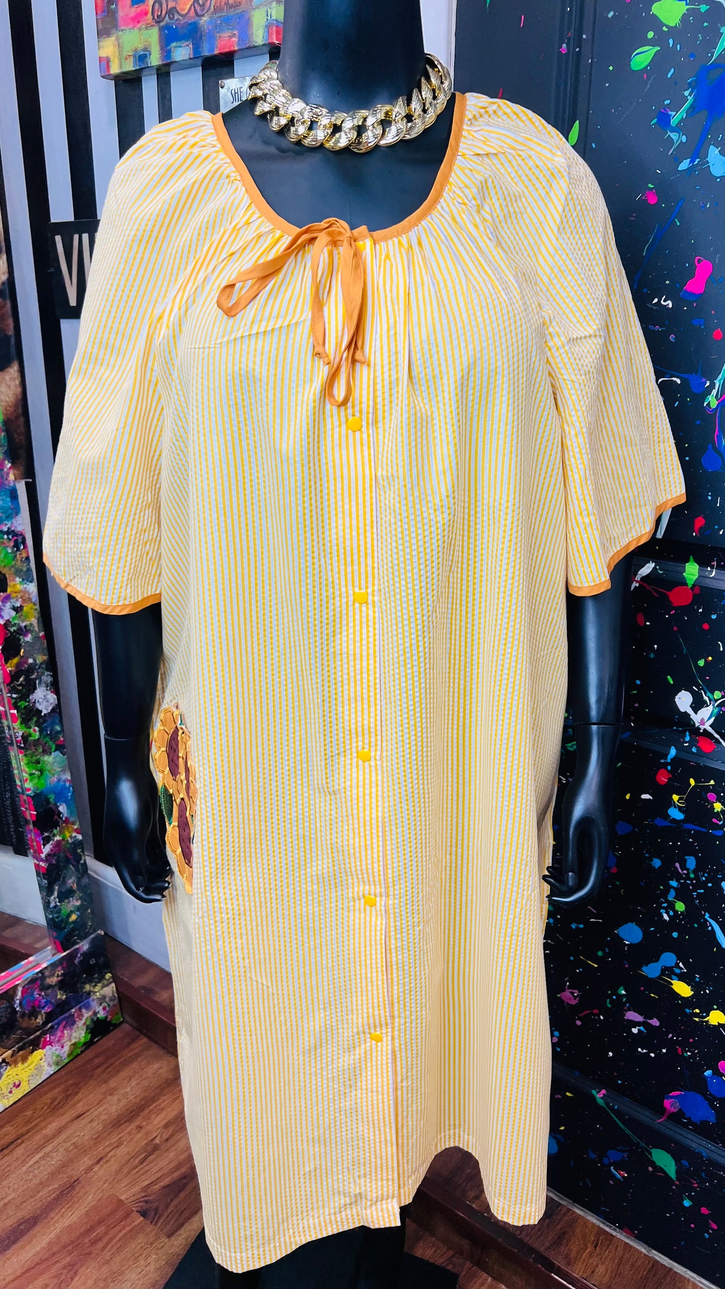 Vintage Striped Cotton Sunflower House Dress (24)