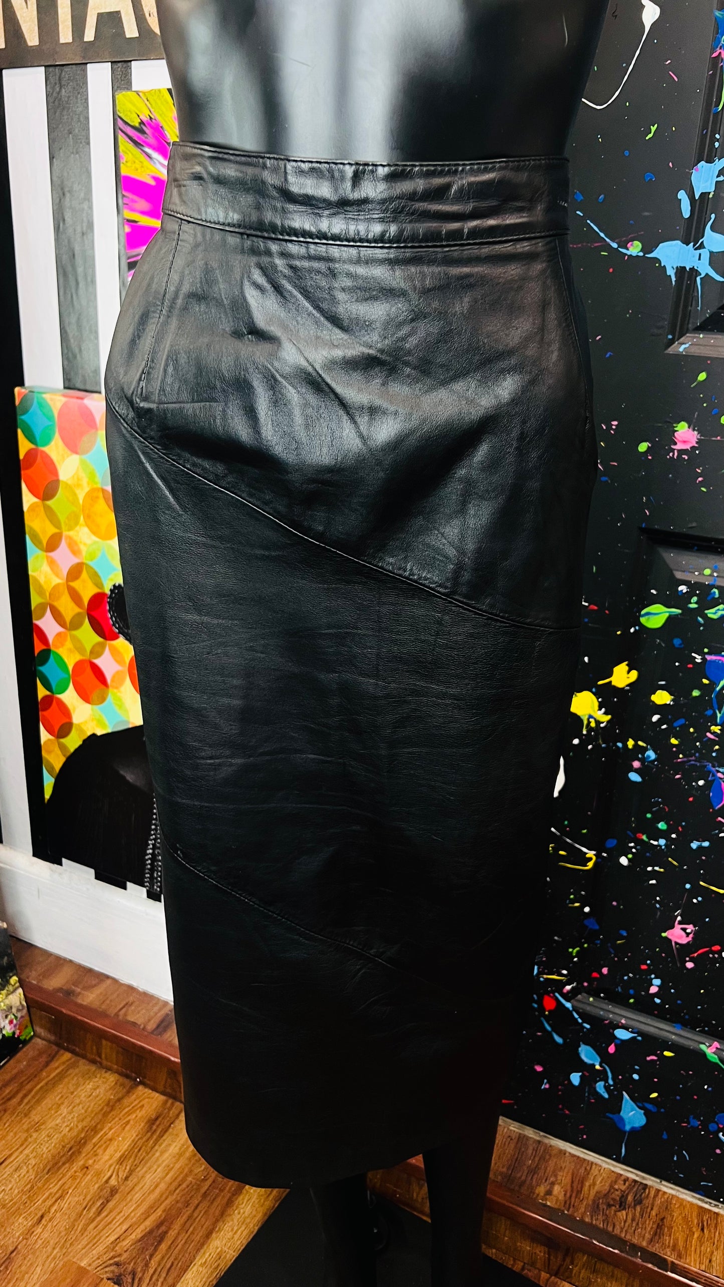 Vintage Black Genuine Leather Skirt (12/14)