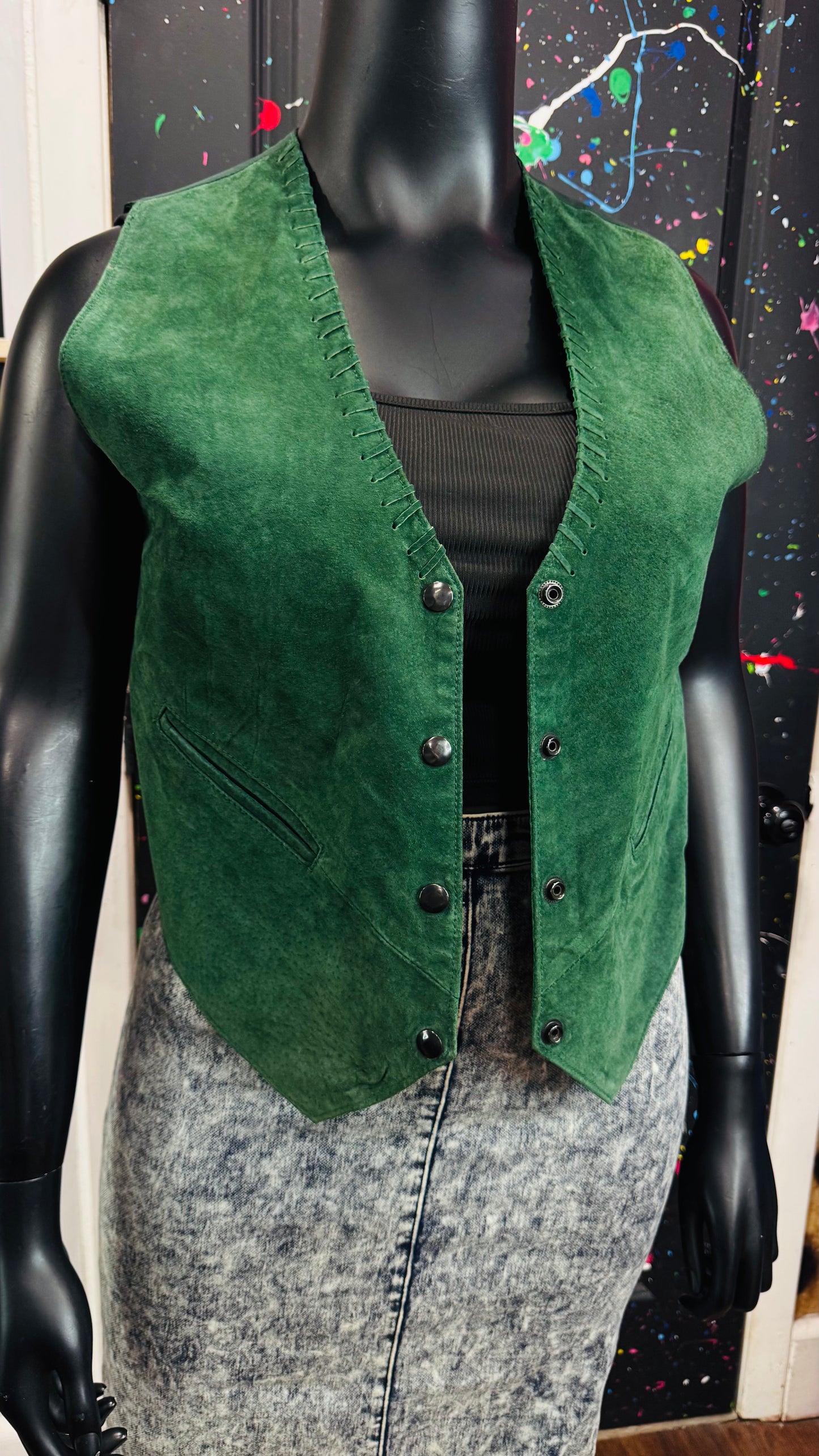 Vintage Genuine Leather Suede Green Vest (14)