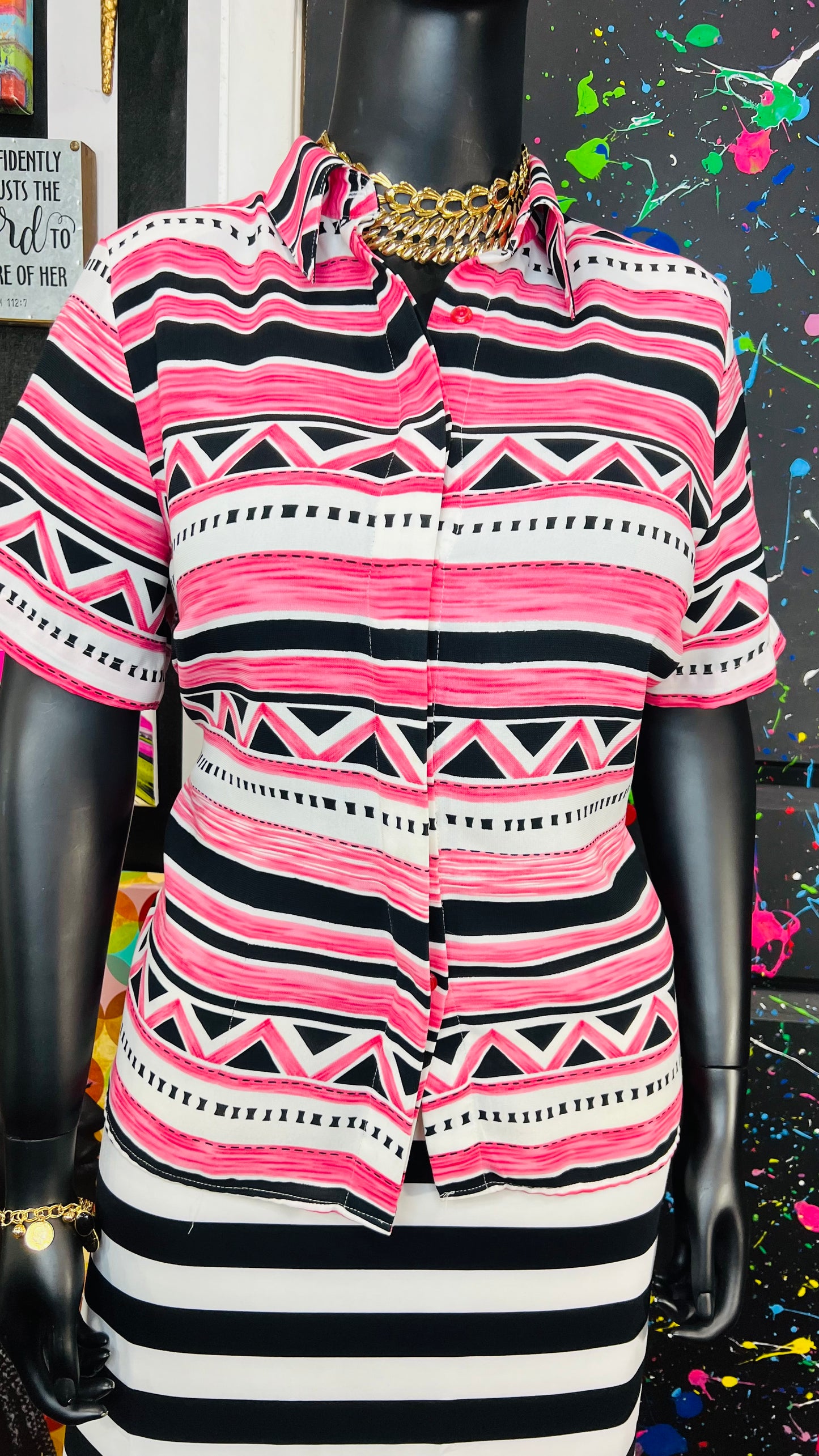 Vintage Pink & White Tribal Print Blouse (16W)