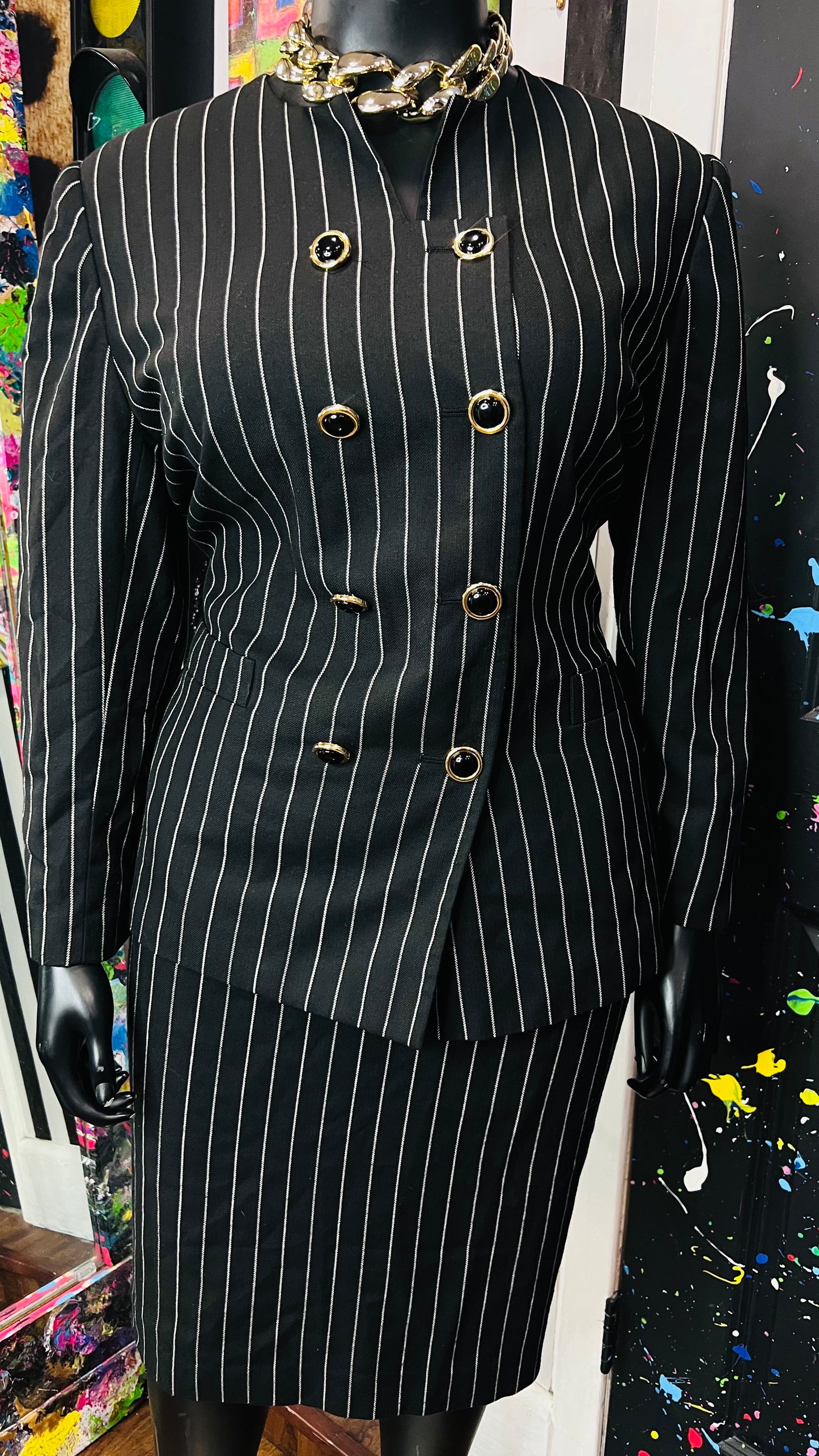 Vintage Black & White Striped Skirt Suit (20W)
