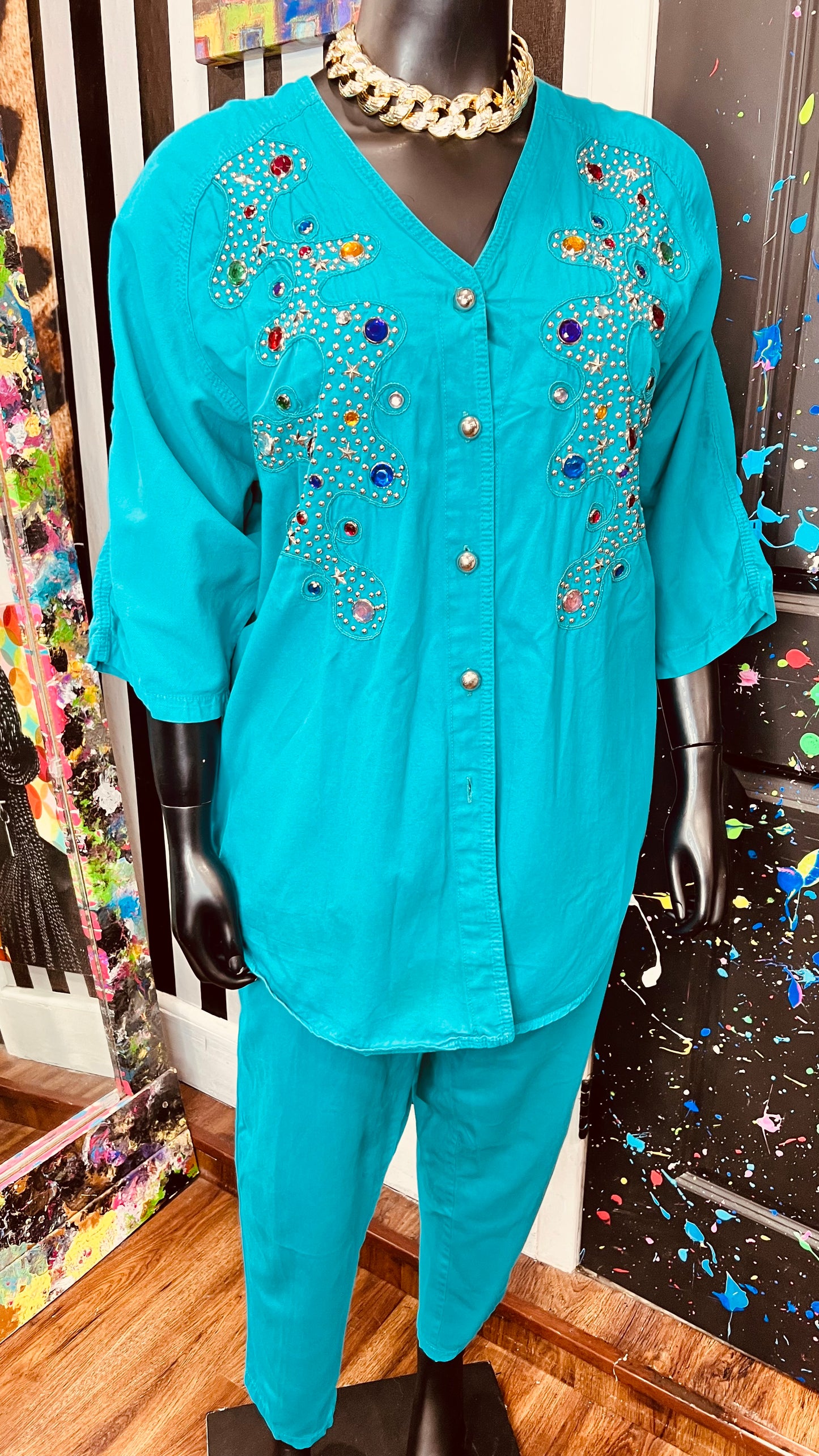 Vintage Teal Denim Jewel & Studds Pants Set (22/24)