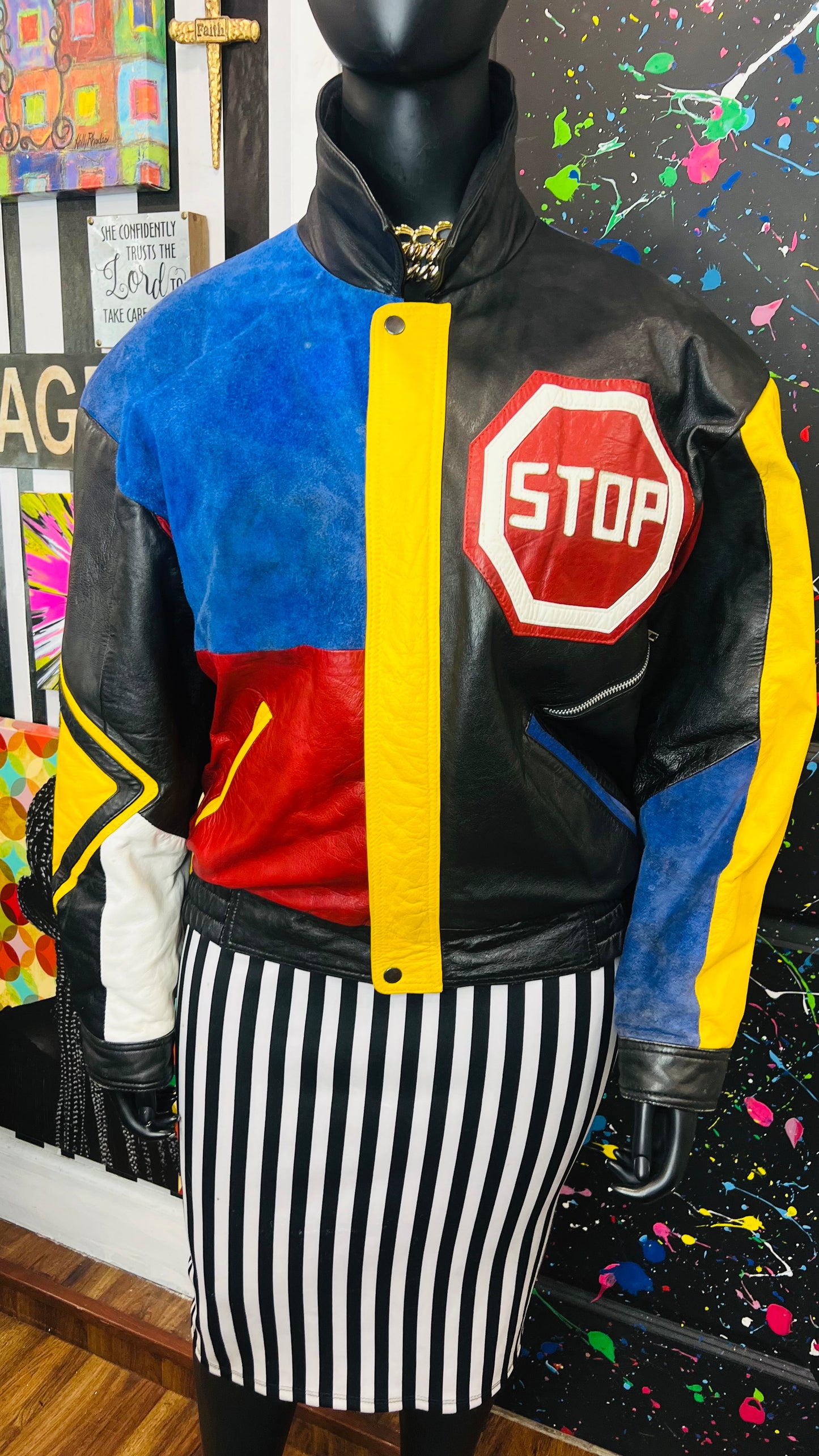 Vintage Road Sign Genuine Leather & Suede Jacket (20/22)