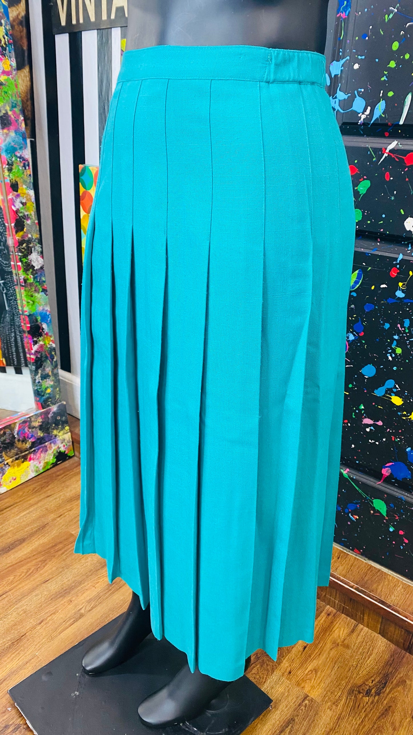 Vintage Teal Blue Pleated Skirt Set (18)