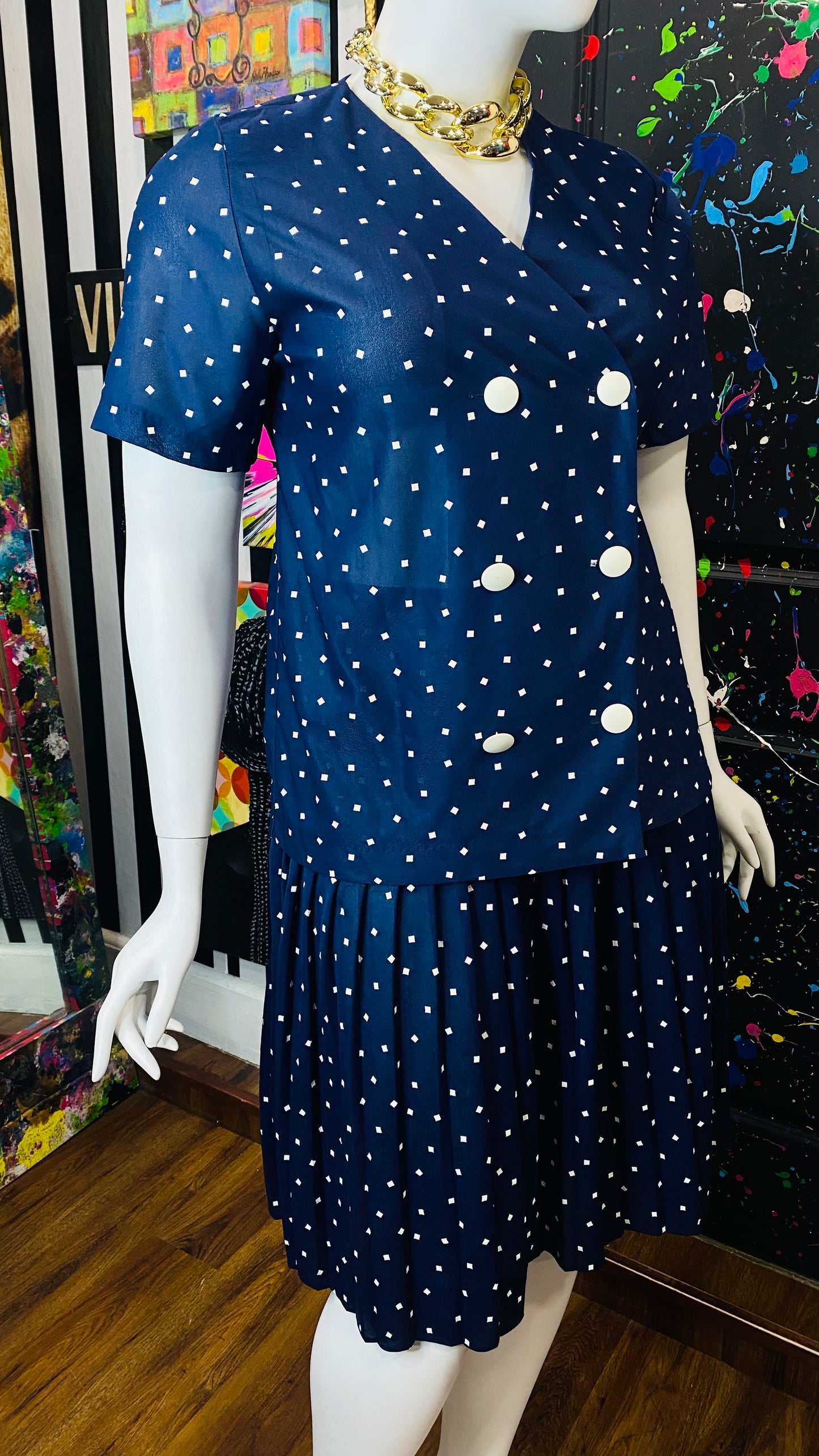Vintage Navy Blue & White Pleated Skirt Set (14 1/2)