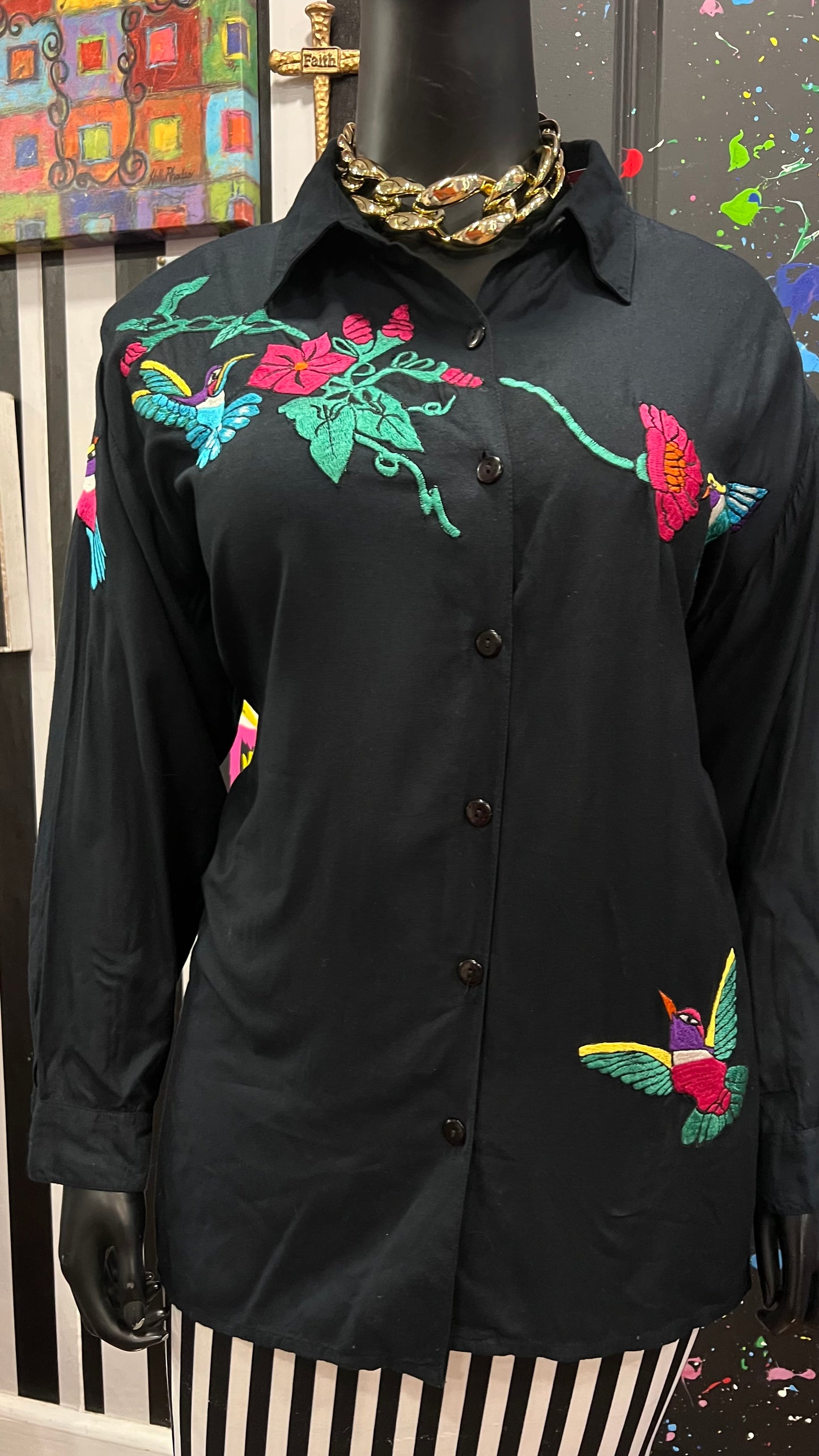Vintage Rayon Colorful Birds Blouse (22)