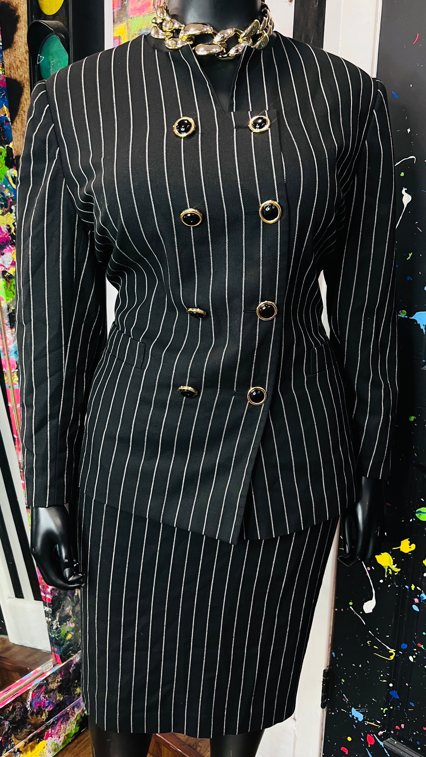 Vintage Black & White Striped Skirt Suit (20W)