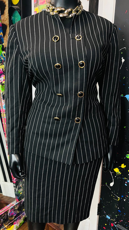 Vintage Black & White Striped Skirt Suit (20W)