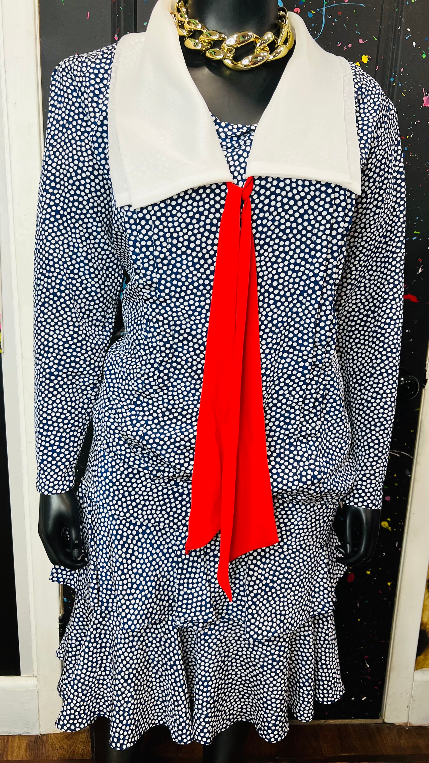 Vintage Polka Dot Navy Blue, Red & White Skirt Set (22W)