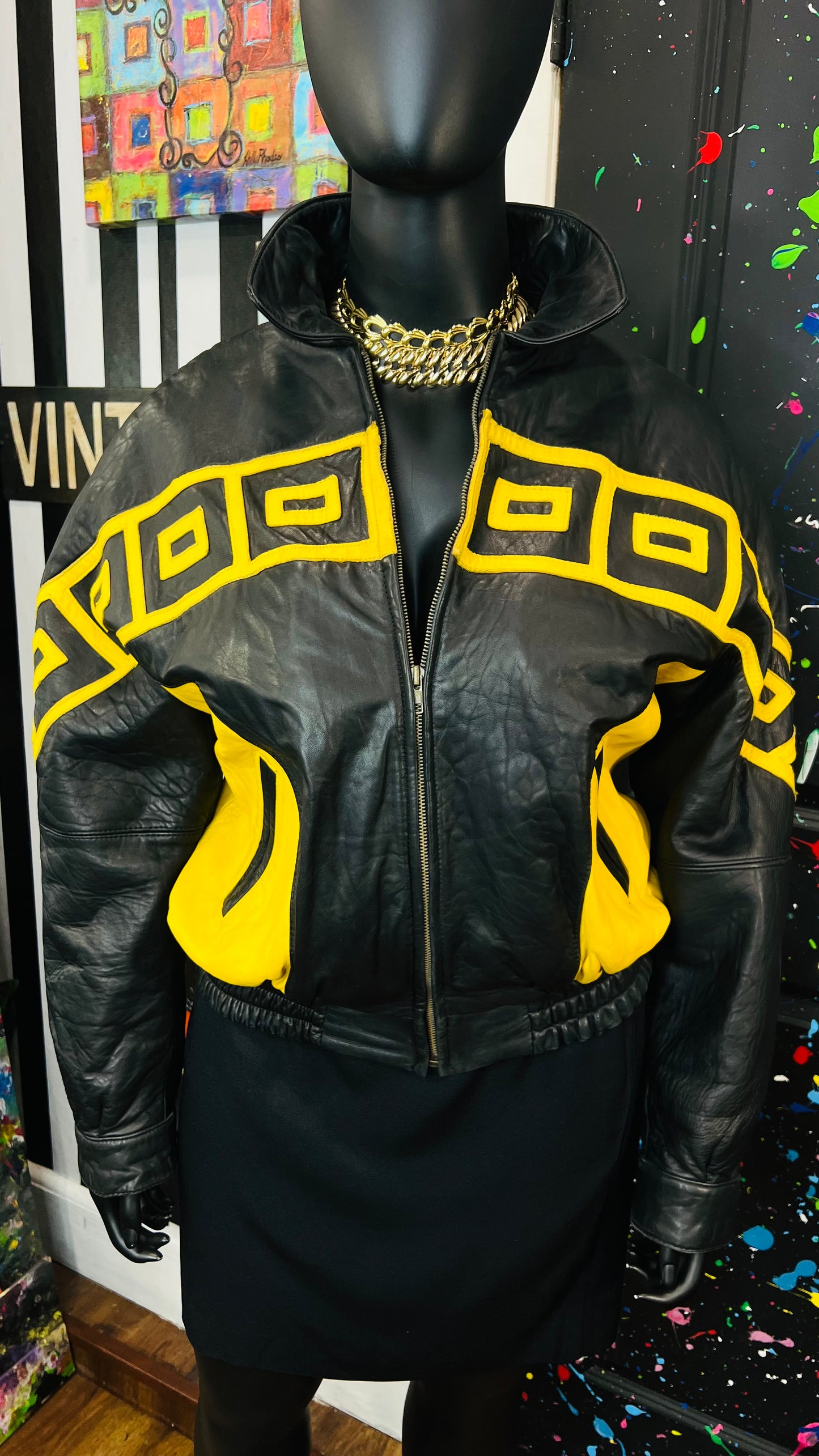 Vintage Genuine Leather Yellow & Black Tribal Print Coat (16/18)