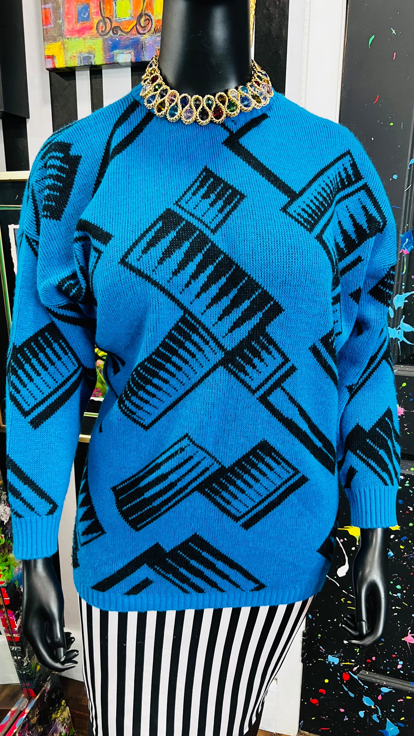 Vintage Blue & Black Abstract Sweater (24)