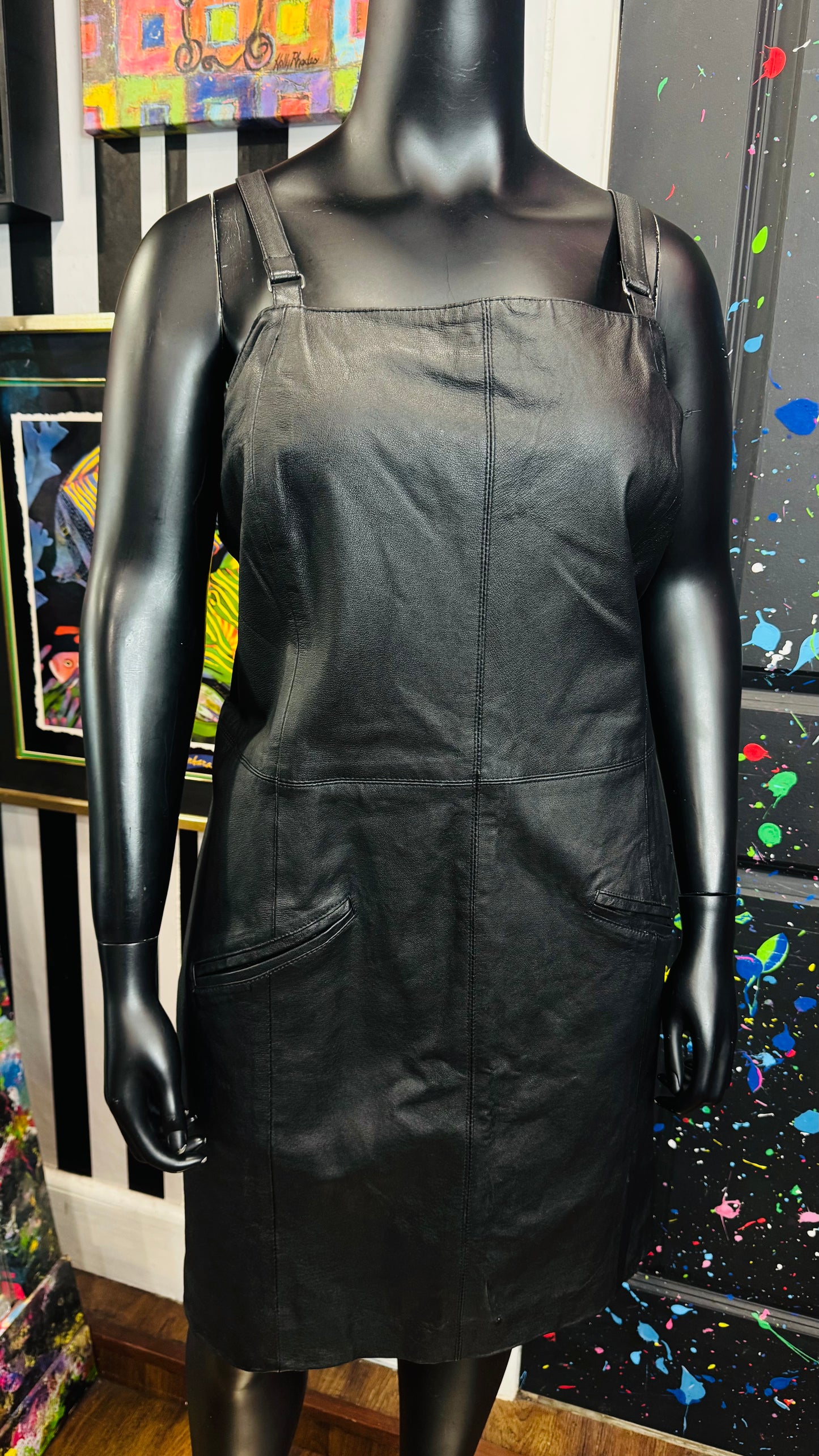 Vintage Genuine Leather Sleeveless Black Dress (24W)