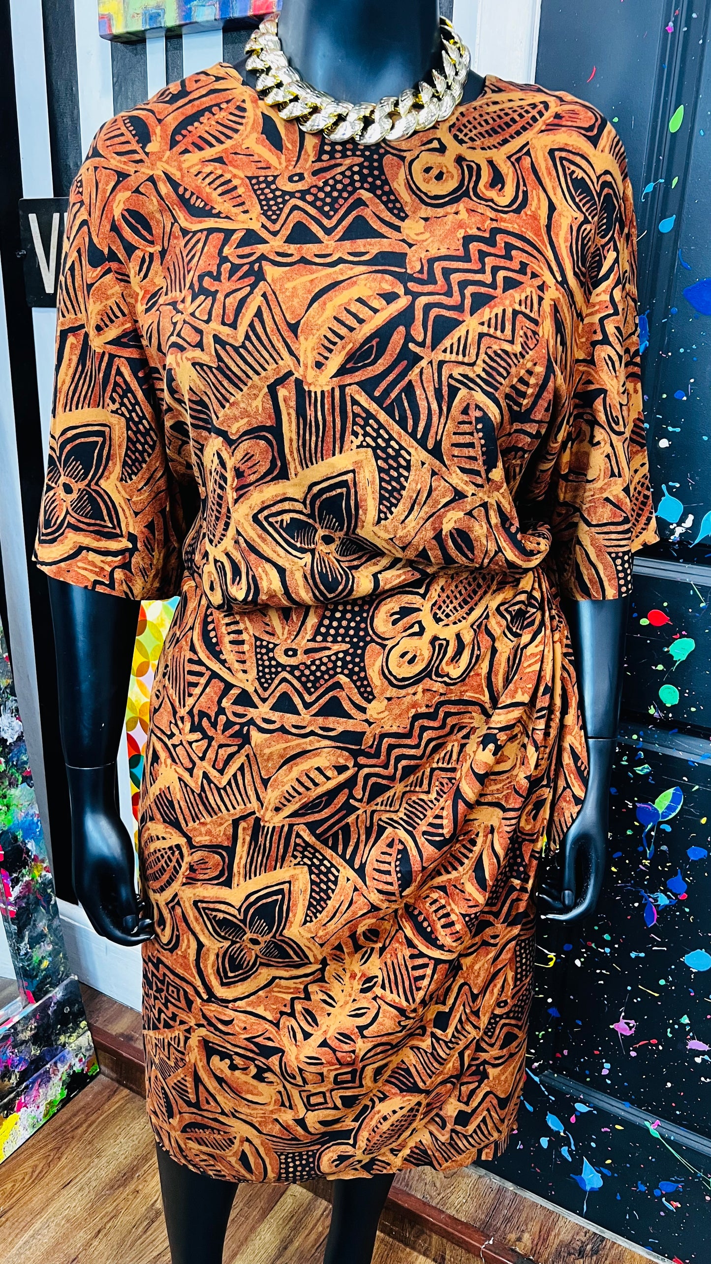 Vintage Rayon Sarong Style Tribal Print Dress (28) - Fits Like a 22