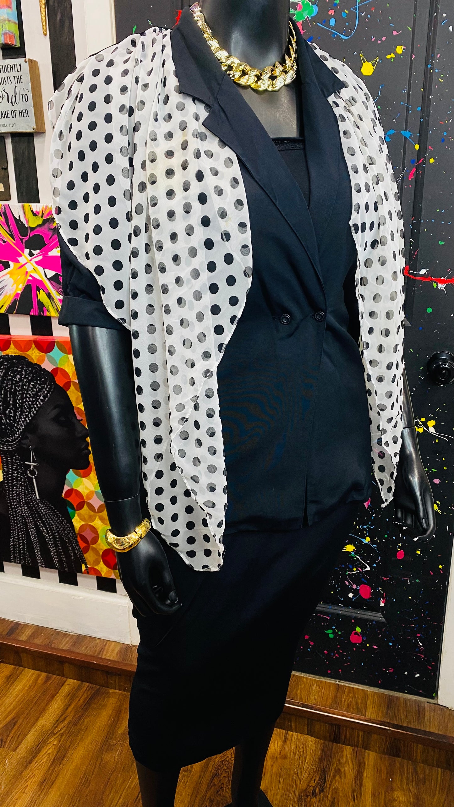 Vintage Black Skirt Set w/ Polka Dot & White Scarf (14)