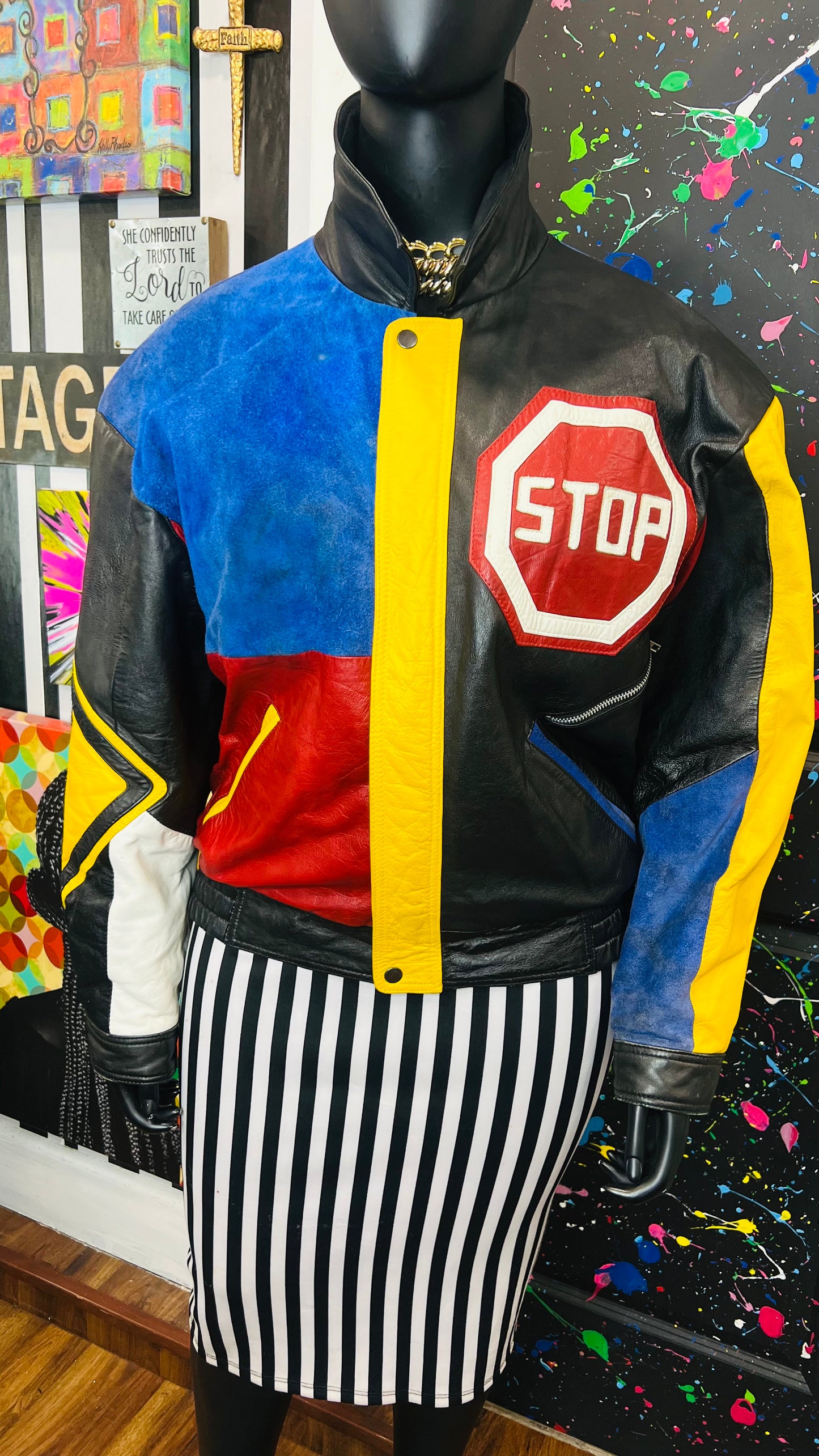 Vintage Road Sign Genuine Leather & Suede Jacket (20/22)