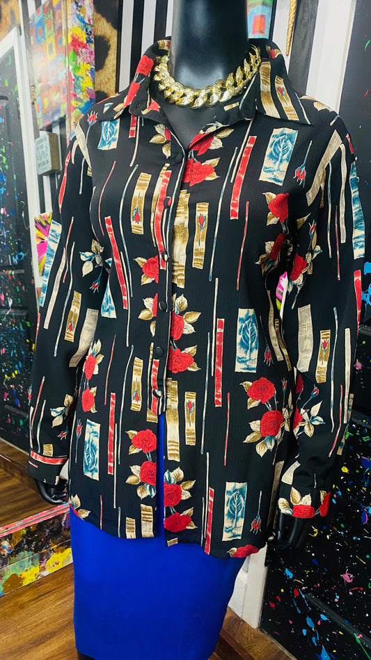 Vintage Black Blue & Red Rose Blouse (22)