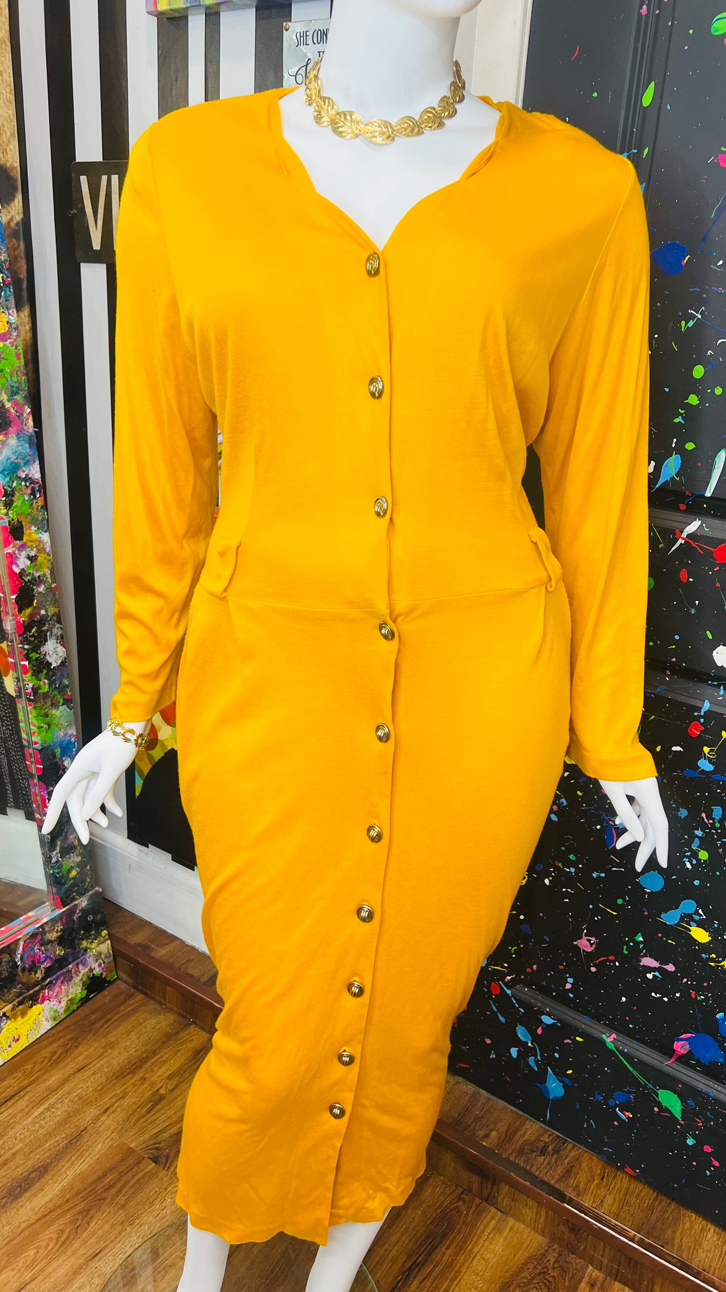 Vintage Cotton Mustard Yellow- Stretch Dress (20)