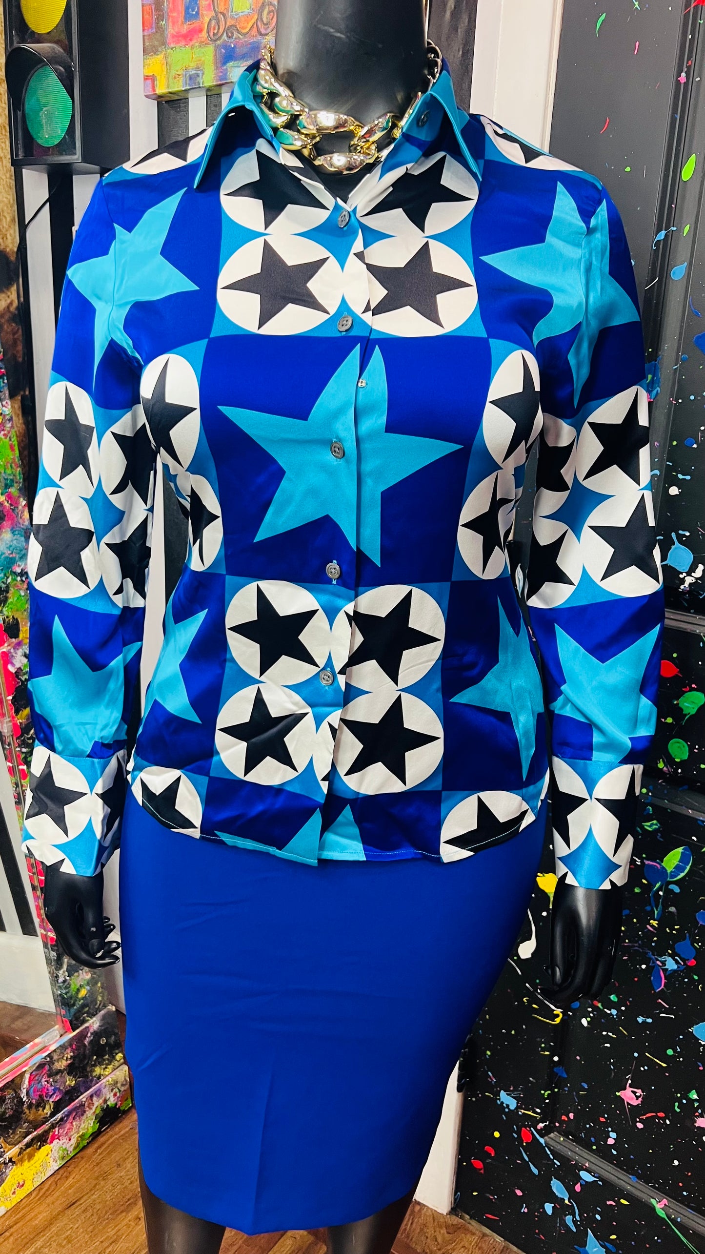 Vintage 100% Silk Ellen Tracy Stars Blouse (12)