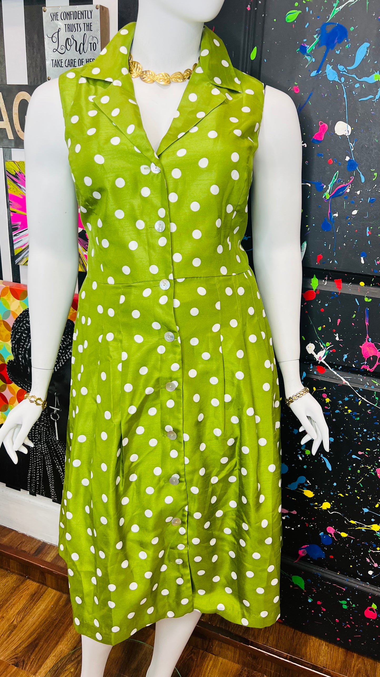 Vintage Y2K Green & White Polka Dot Dress (20W)