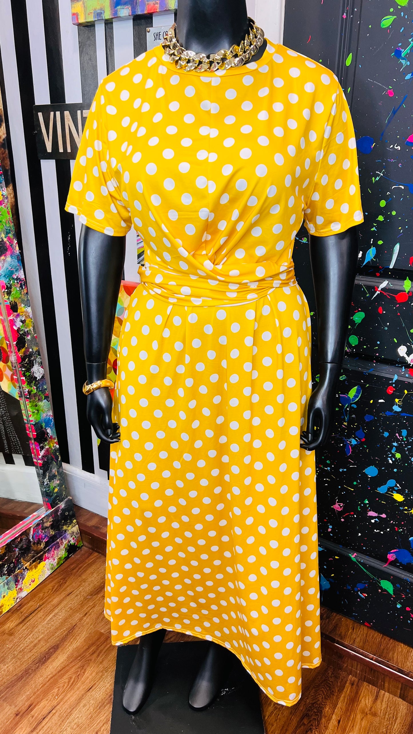 Yellow & White Polka & White Wrap Around Blouse Skirt Set (22)