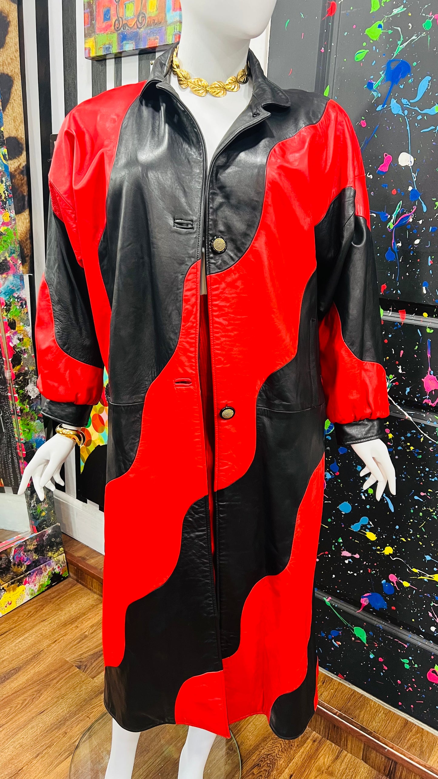 Vintage Genuine Leather Red & Black Trench Coat (16)