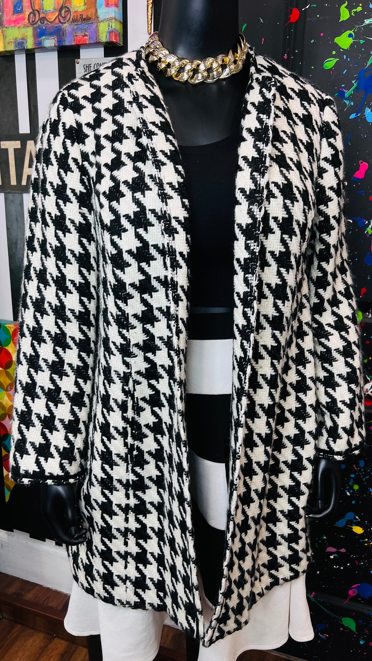 Vintage Black & White Houndstooth Wool Coat (20W)