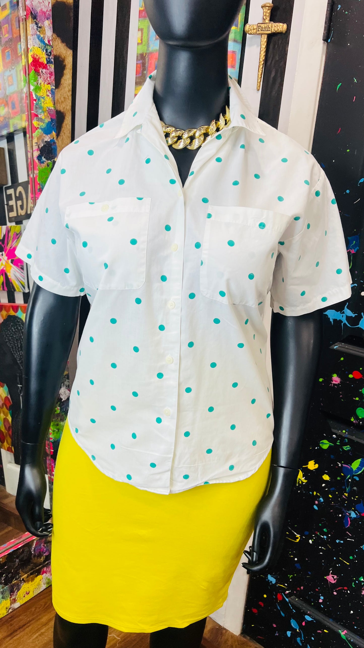 Vintage Teal & White Polka Dot Blouse (16)