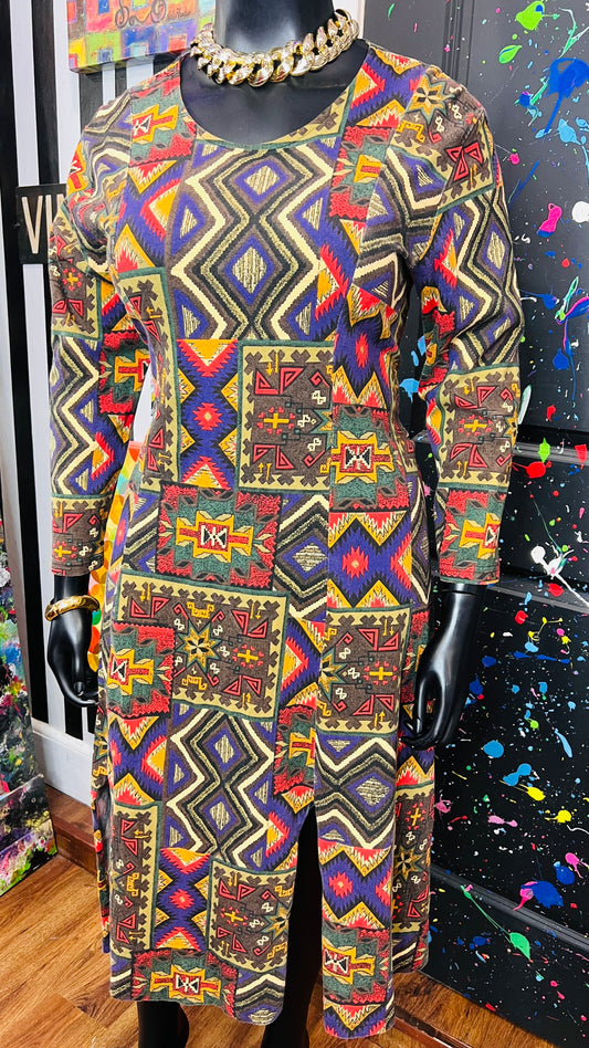 Vintage Cotton Tribal Print Dress (12/14)