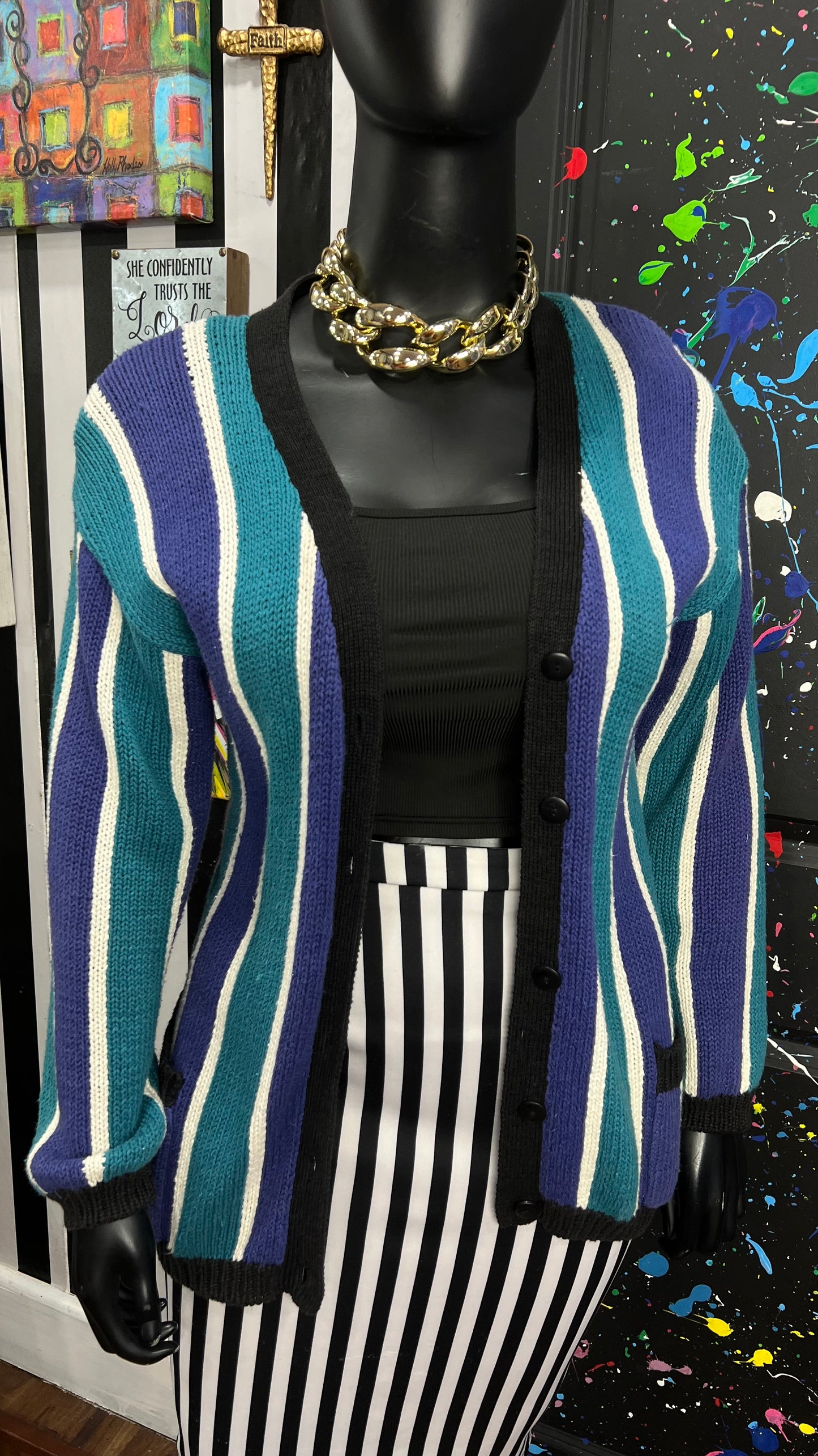 Vintage Blue Black & White Striped Cardigan (16)