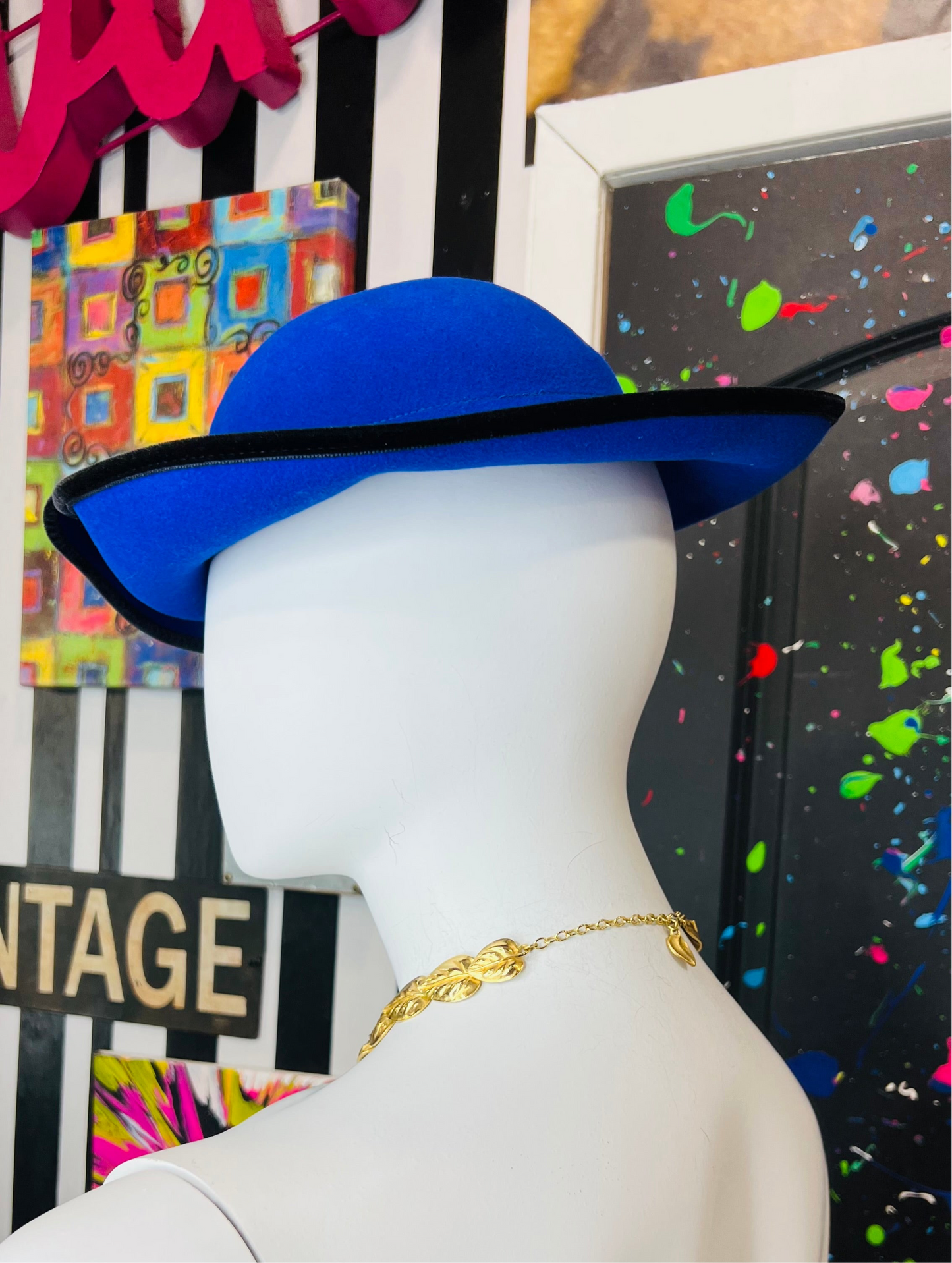 Vintage 100% Wool Blue & Black Hat