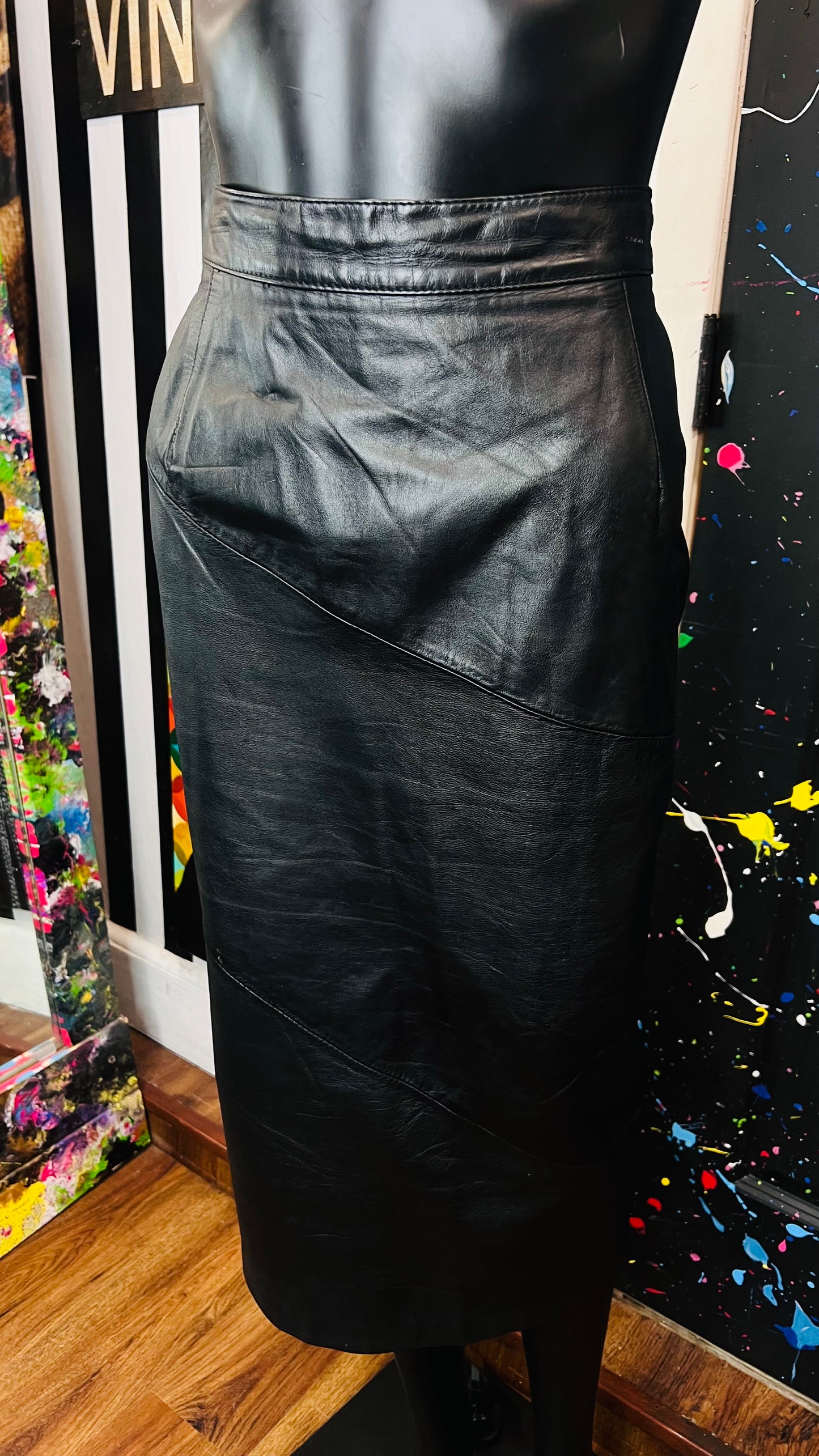 Vintage Black Genuine Leather Skirt (12/14)