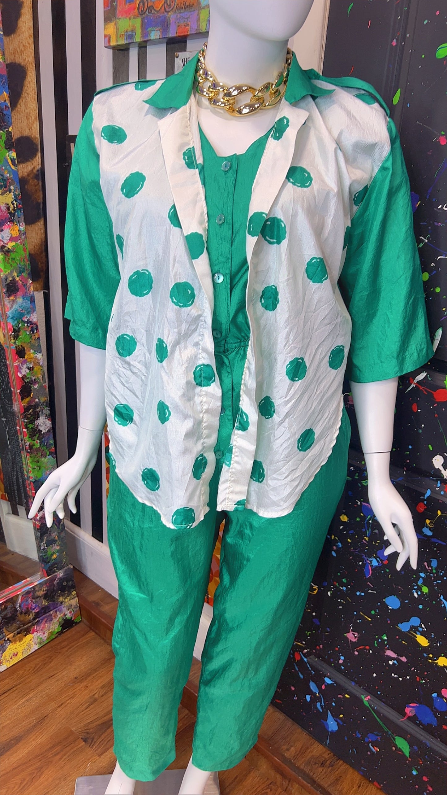 Vintage Green Jumpsuit w/ White & Green Polka Dots (14W)