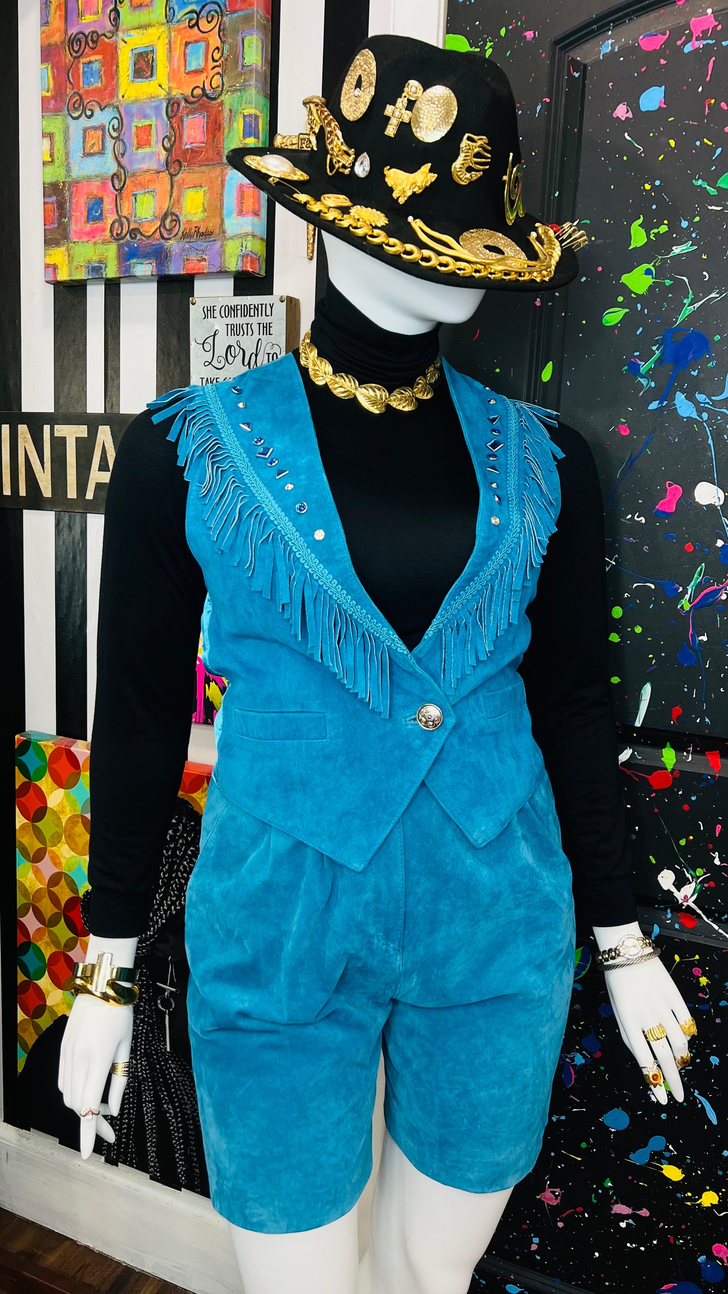 Vintage Suede Leather Fringe & Jewel Short Set (12/14)