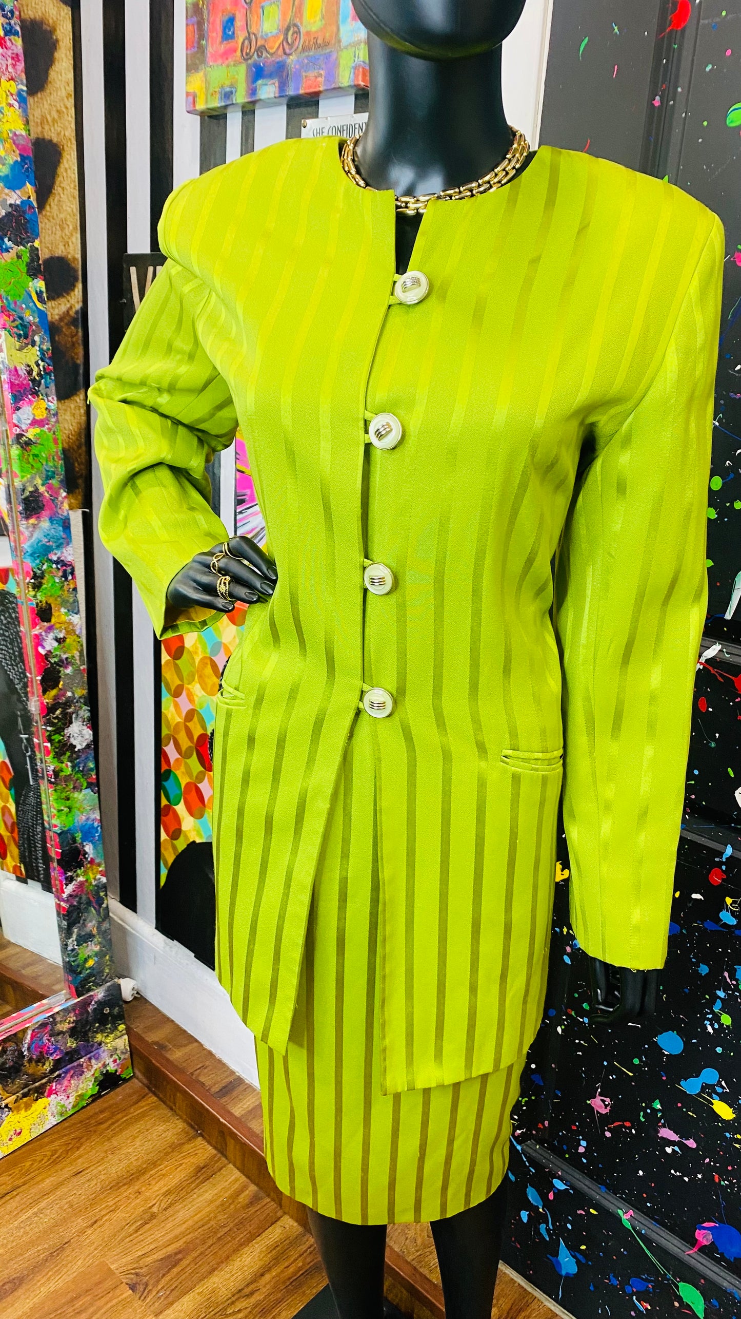 Vintage Green Striped Skirt Suit (14)