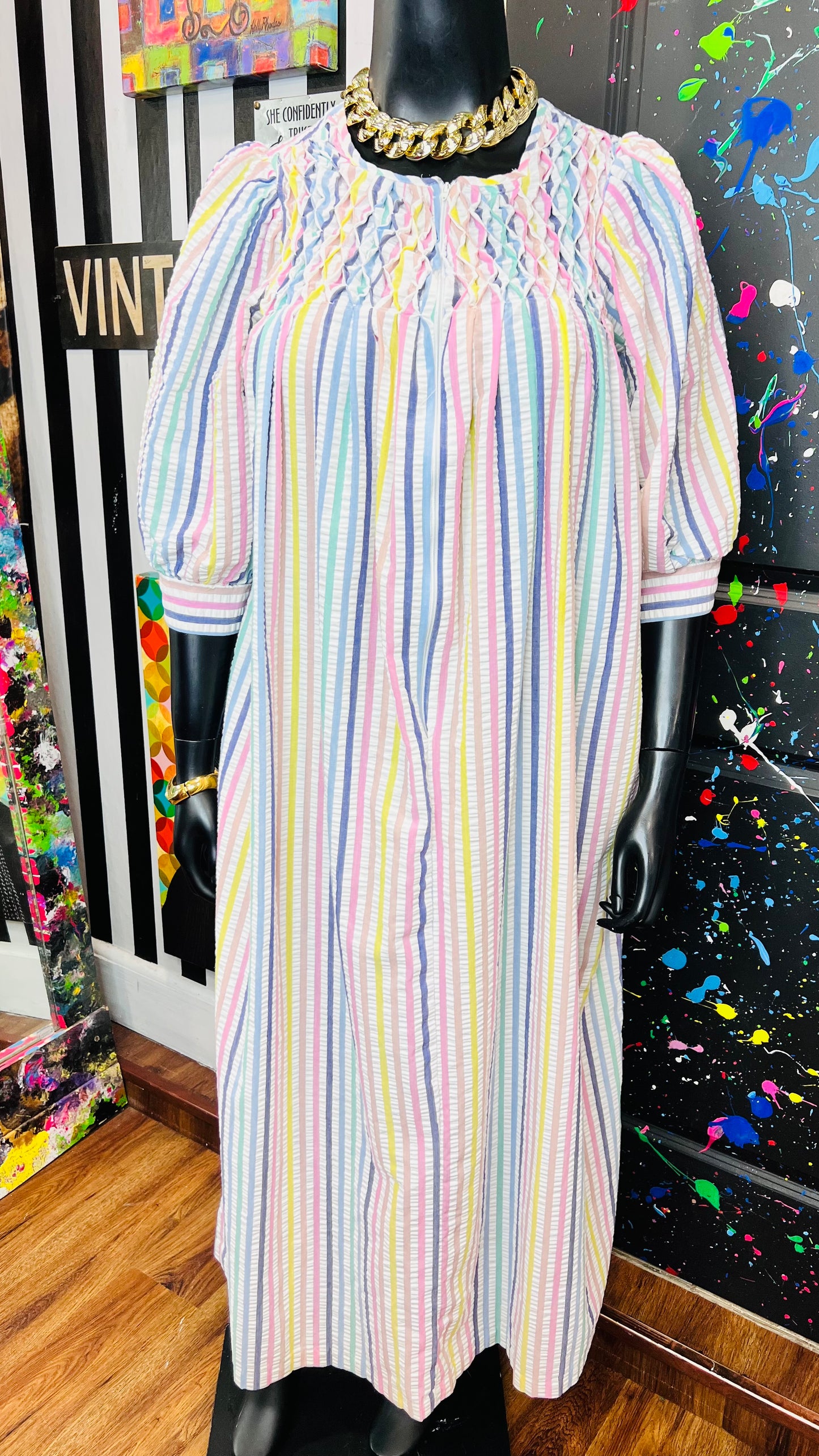 Vintage Striped Pastel Night 70’s Gown (12/14)