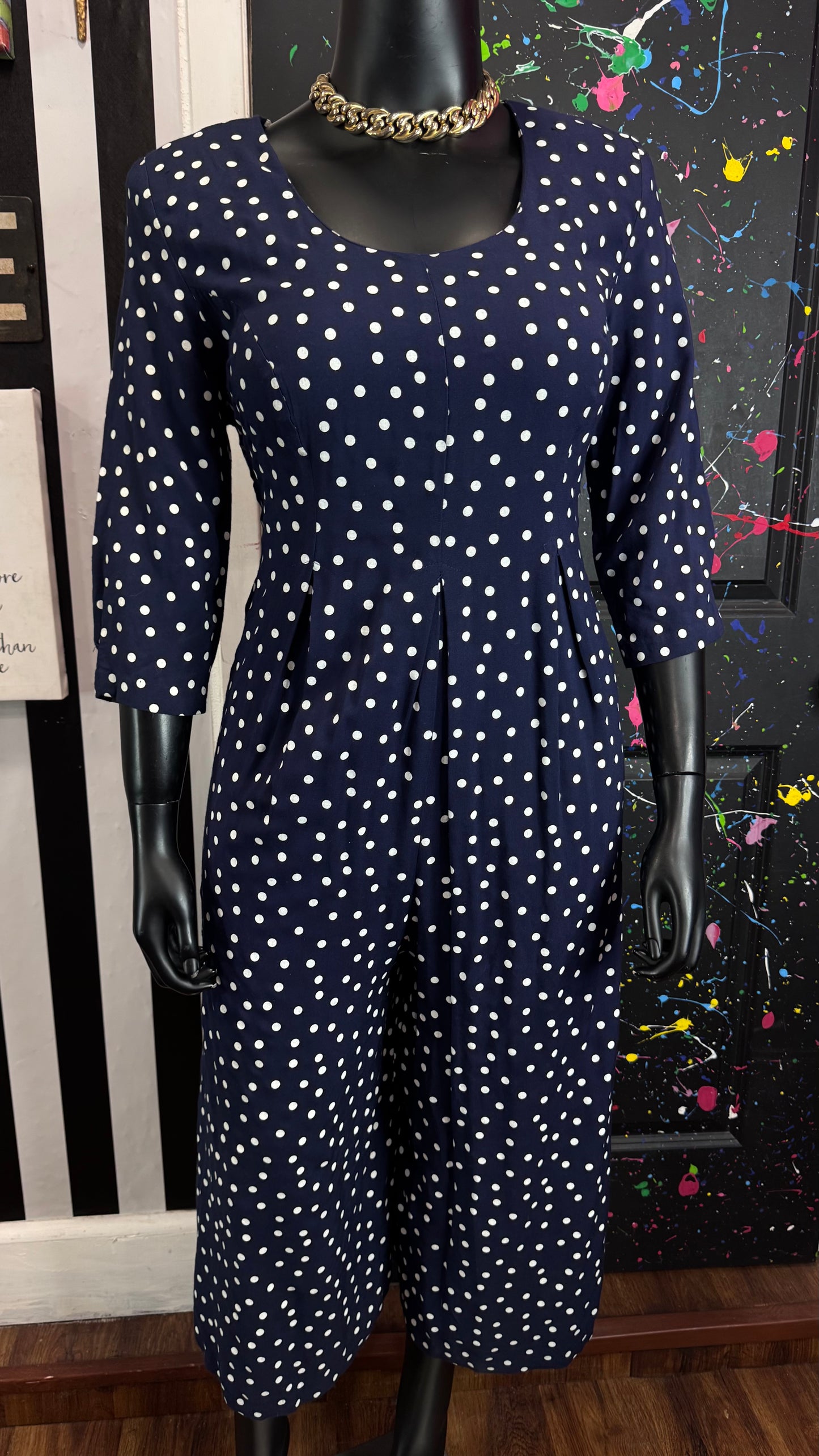 Vintage Navy & White Polka Dot Pleated Romper (18)